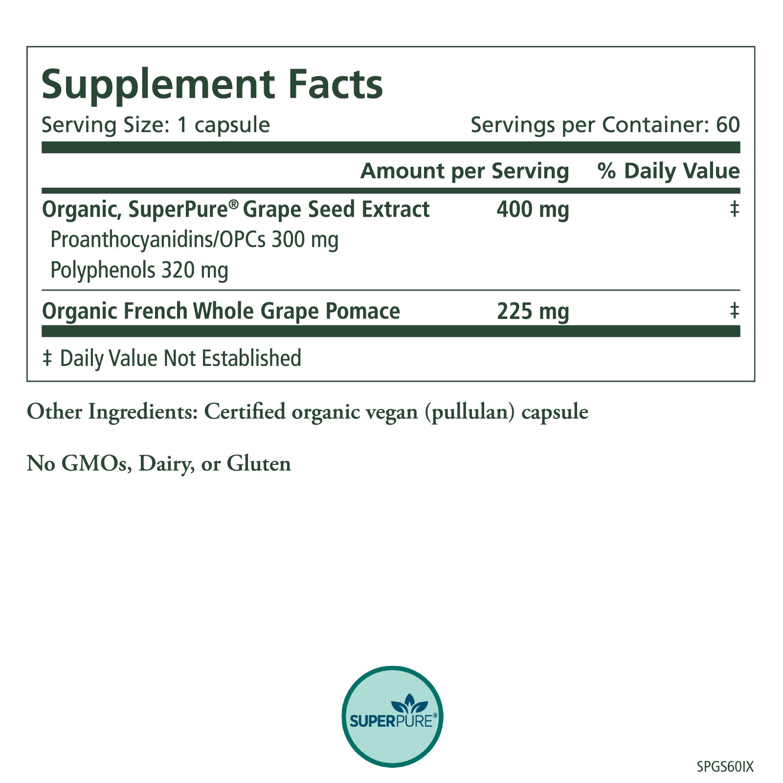 The Synergy Company SuperPure® Grape Seed Extract provides 400 mg organic grape seed extract and 225 mg French whole grape pomace per vegan capsule. Non-GMO, dairy-free, gluten-free. 1 capsule serving; 60 servings per container.