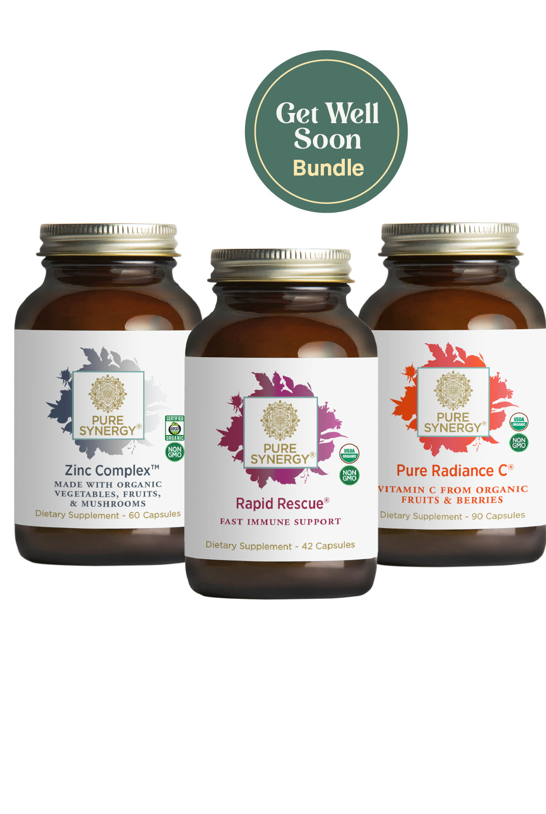 Three brown supplement bottles from The Synergy Company, labeled Zinc Complex, Rapid Rescue, and Pure Radiance C+, sit under a green Get Well Soon Bundle circle on a white background. The bundle features zinc and vitamin C for immune support.