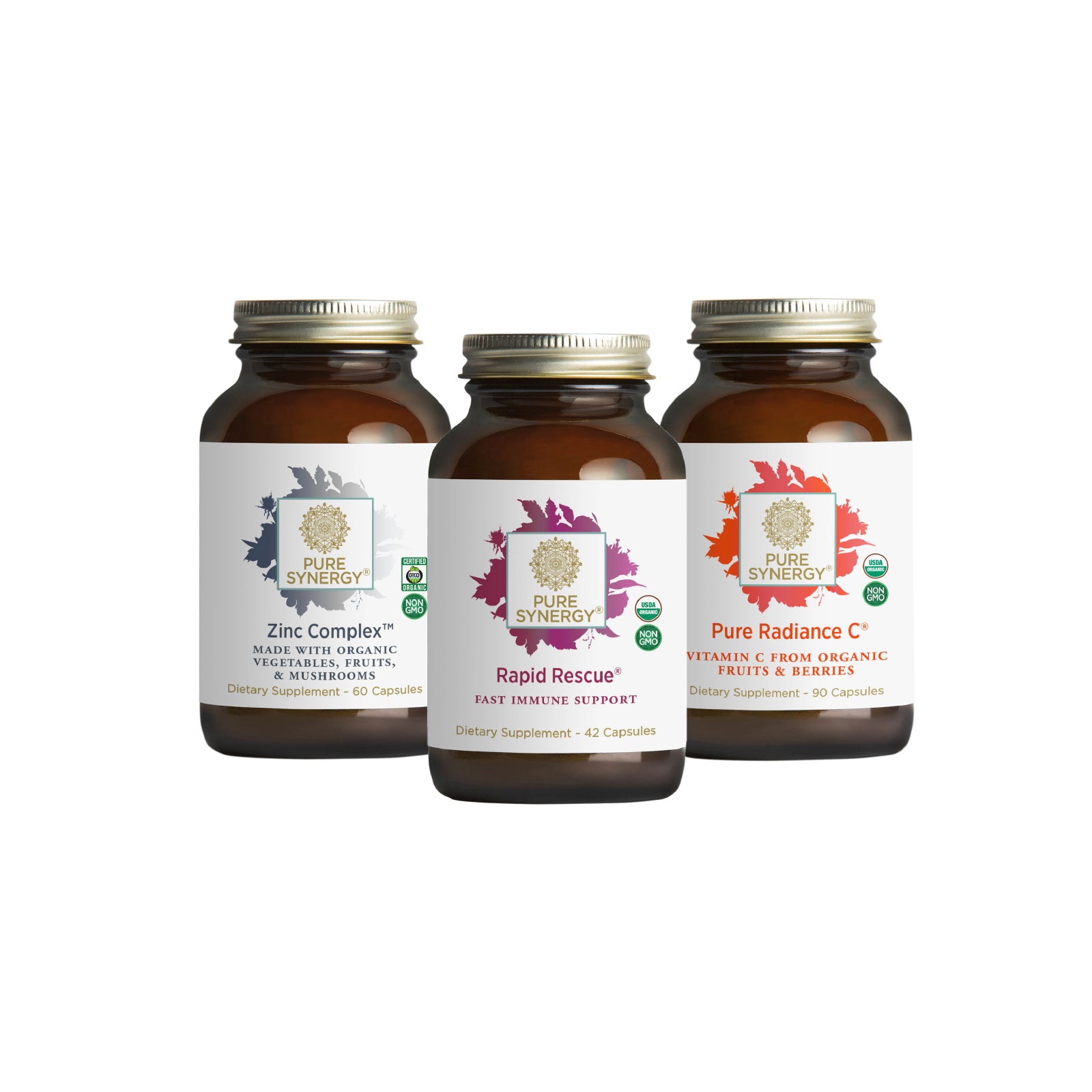 Three brown glass bottles of The Synergy Companys Get Well Soon Bundle—Zinc Complex+, Rapid Rescue, and Pure Radiance C+—are shown side by side on a white background for daily immune support and Vitamin C.