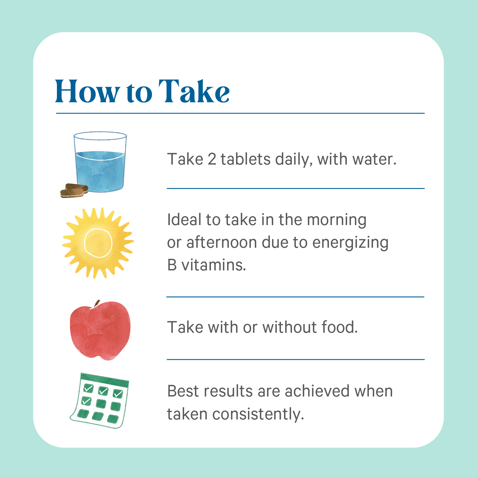 Instructional graphic for The Synergy Company’s Multi•Vita•Min™ shows water, sun, apple, and calendar images, illustrating how to take 2 tablets daily for essential vitamins—morning or afternoon, with or without food—for daily nutrition.