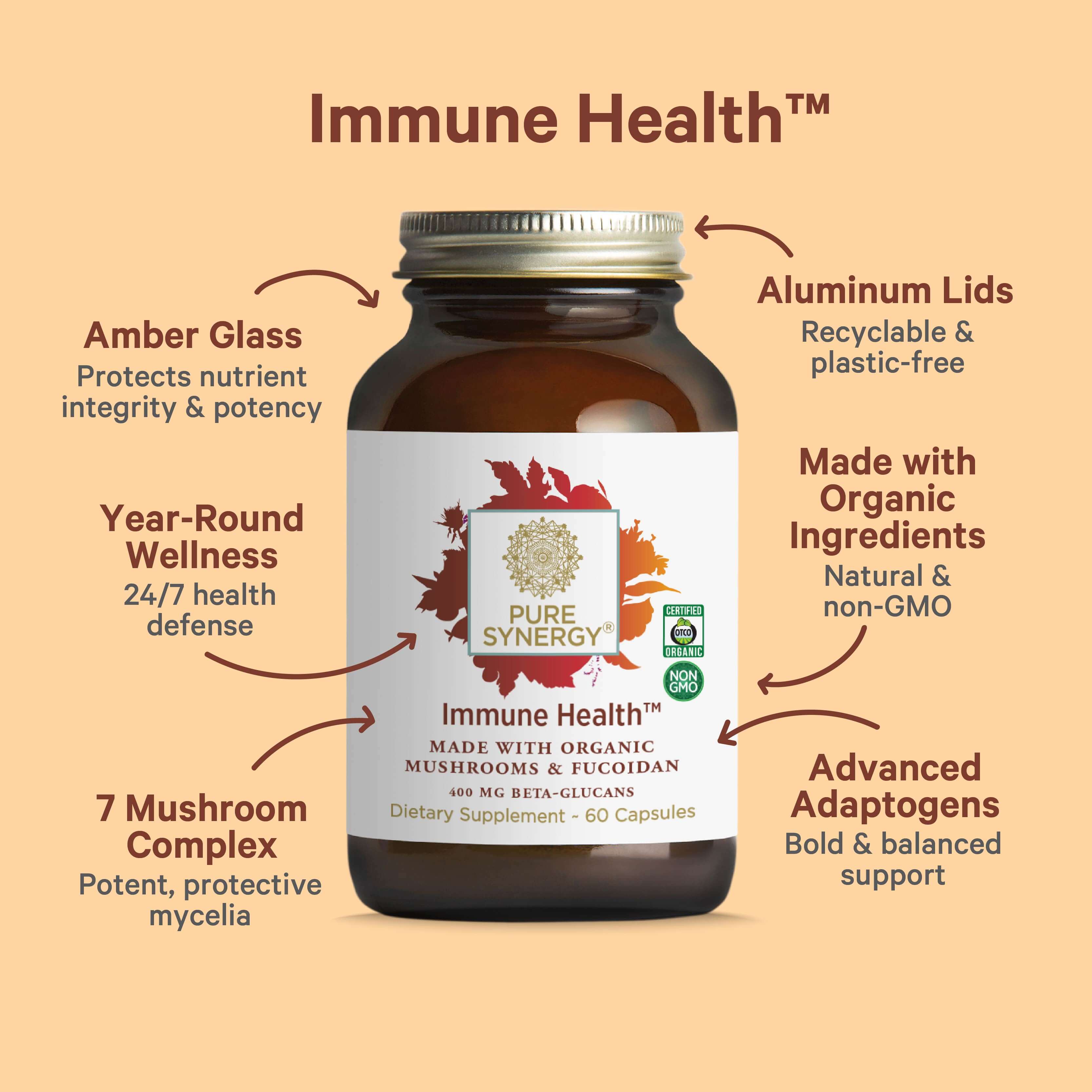 The Synergy Company's Immune Health™ supplement provides a powerful combination of organic mushroom and algae extracts. It features premium ingredients such as a 7 mushroom complex and advanced adaptogens, all packed in amber glass with aluminum lids. This non-GMO, plastic-free product ensures year-round wellness for optimal immune health.