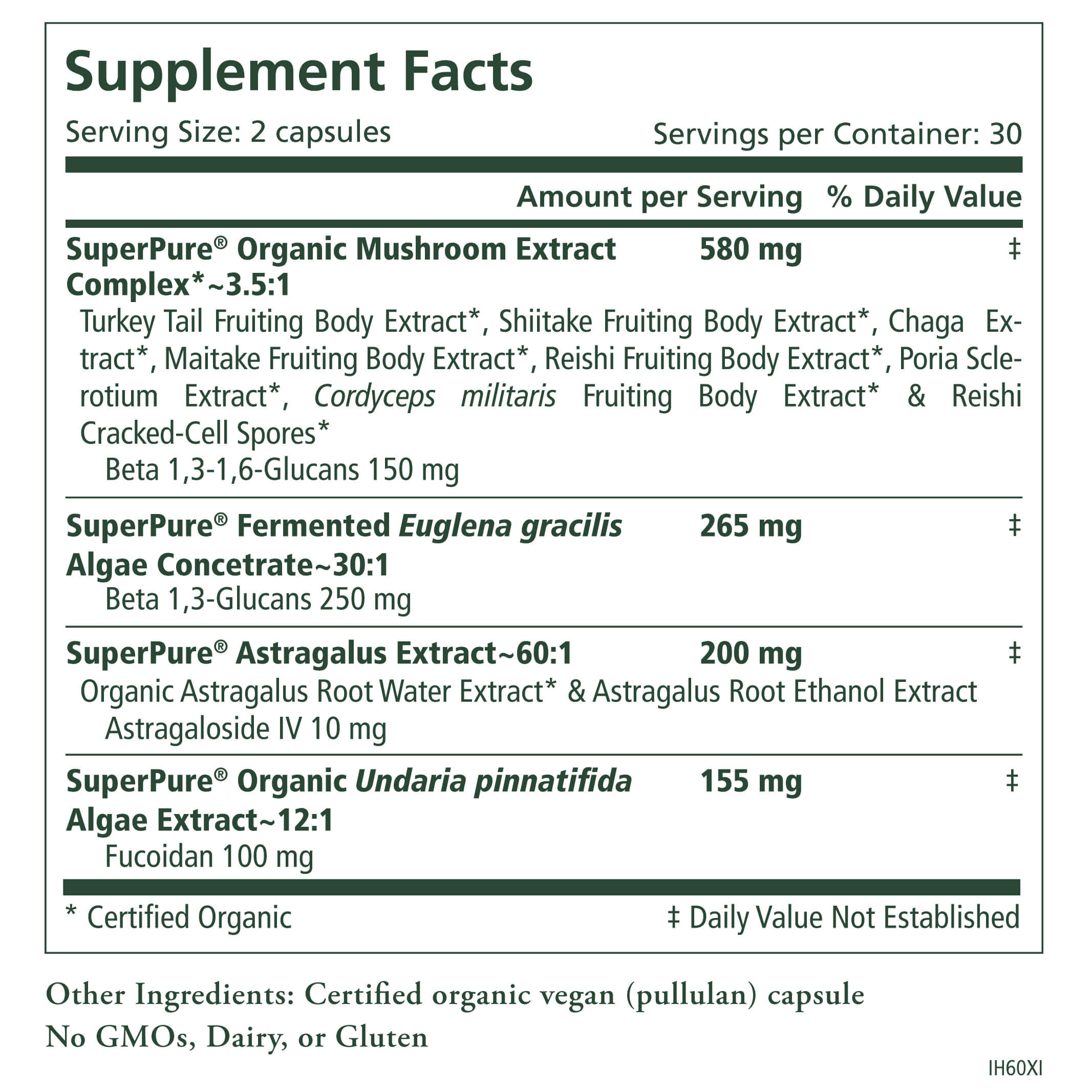 The Synergy Company Immune Health™ features a supplement facts label listing serving size (2 vegan capsules), 30 servings per container, and per-serving amounts of organic mushroom, algae extracts, astragalus, and dunaliella. Non-GMO formula.