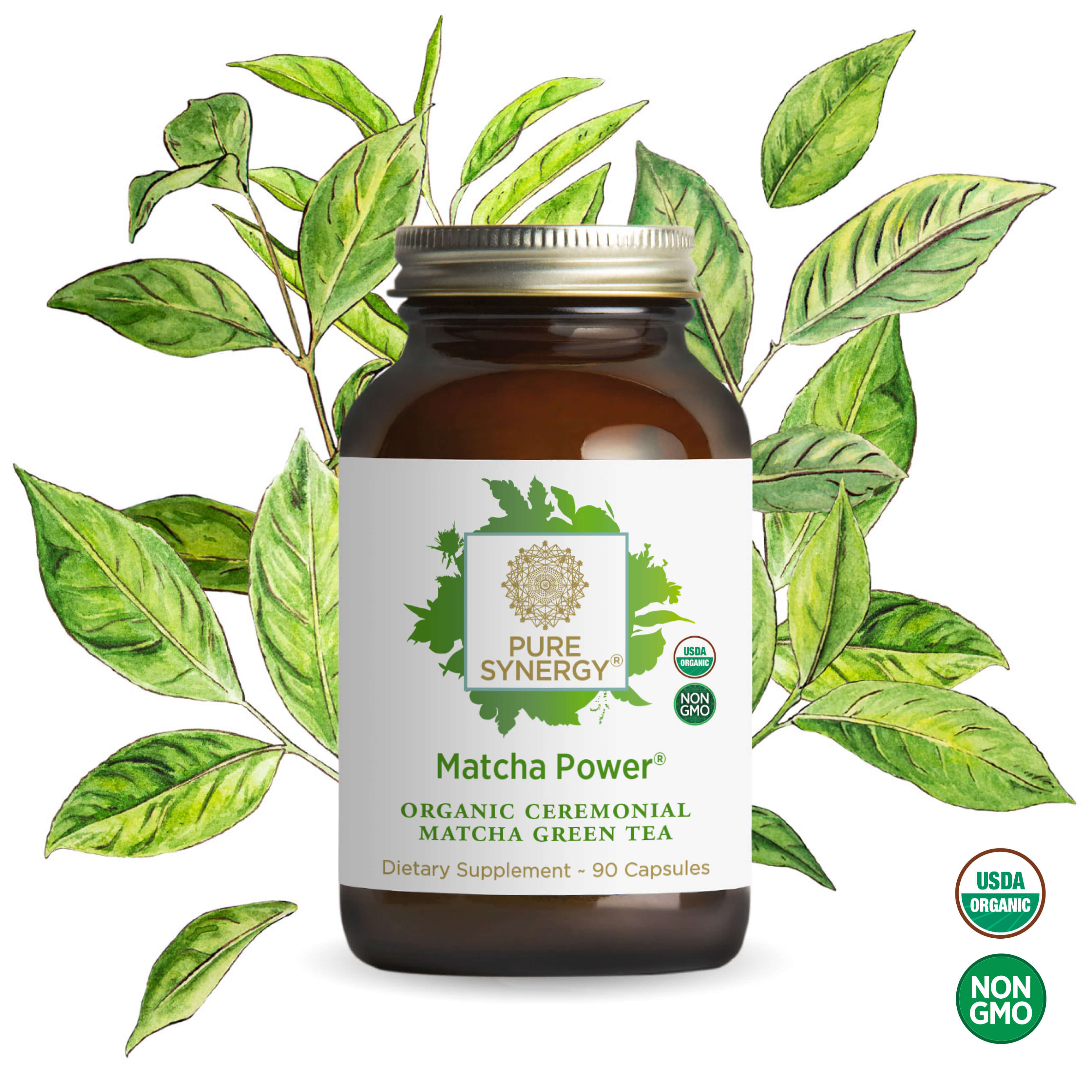 A brown bottle of The Synergy Company Organic Matcha Power® Capsules is shown in front of illustrated green tea leaves, with a label displaying USDA Organic and Non-GMO badges.