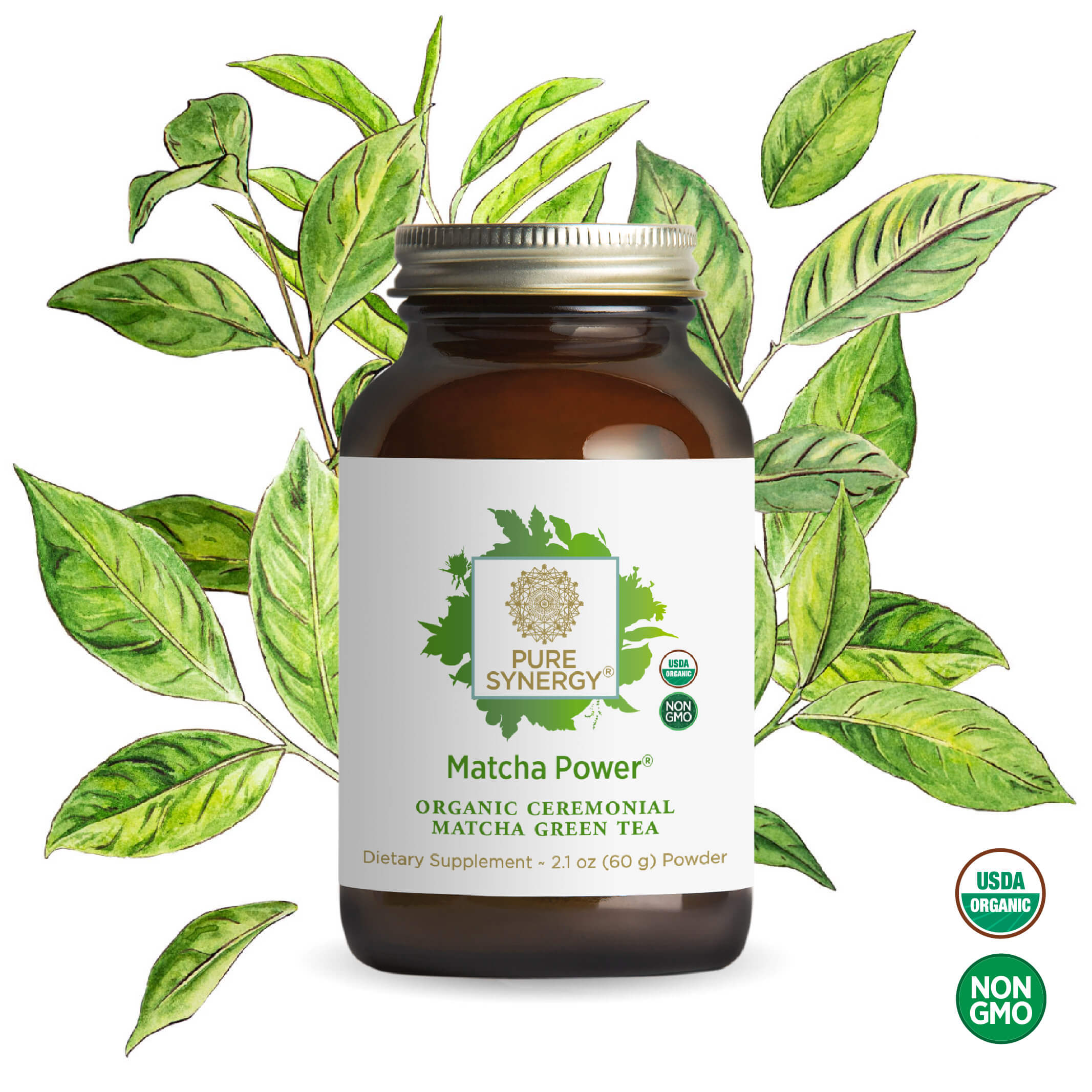 A brown jar of The Synergy Company Organic Matcha Power® Powder sits before green tea leaves, with USDA Organic and Non-GMO icons on the right, highlighting the sustainably grown organic matcha powder.
