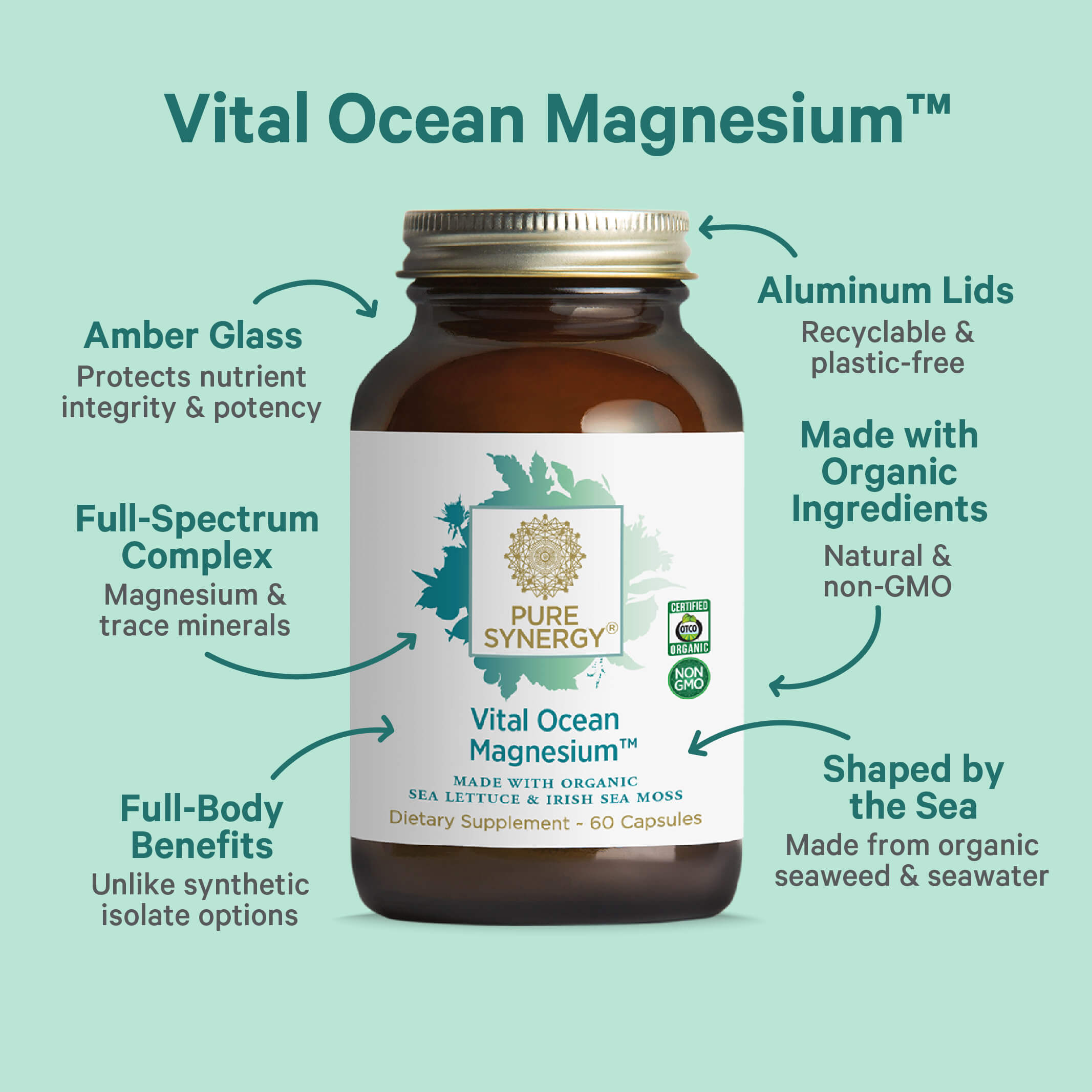 A brown glass bottle of Vital Ocean Magnesium™ rests on a teal background, featuring full-spectrum magnesium from mineralized seawater and organic seaweed, with organic ingredients and a recyclable lid.