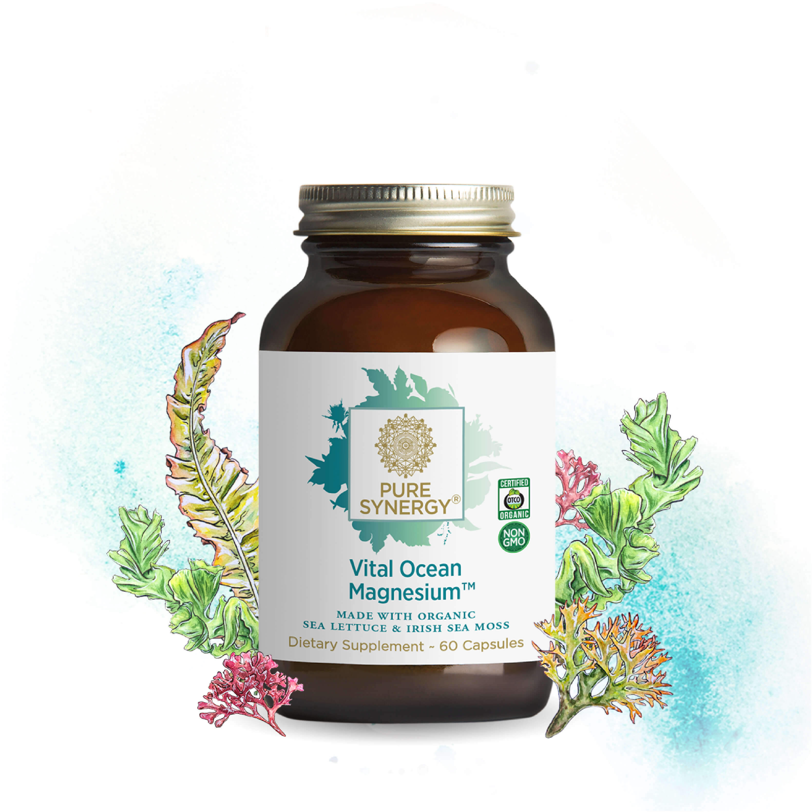 A brown glass bottle labeled Vital Ocean Magnesium™, featuring sea plant illustrations and organic certification. The label states 60 capsules with full-spectrum magnesium sourced from mineralized seawater.