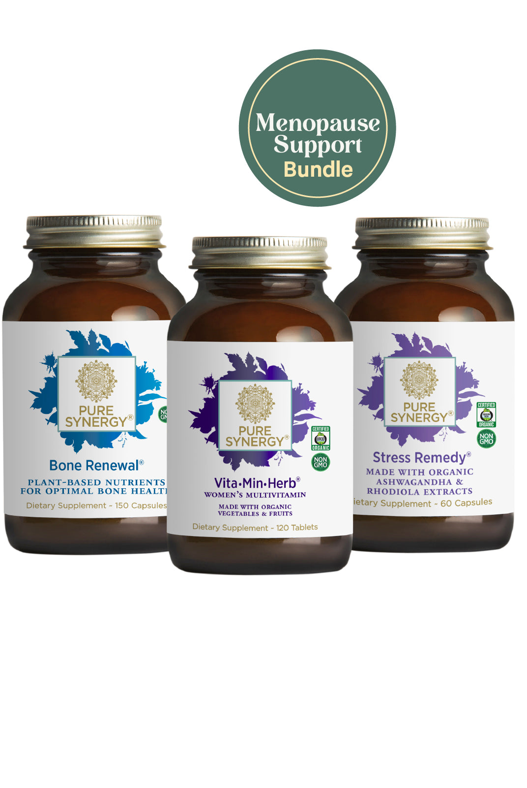 The Synergy Company Menopause Support Bundle—three brown supplement bottles for bone health and adrenal support—your go-to menopause supplements.