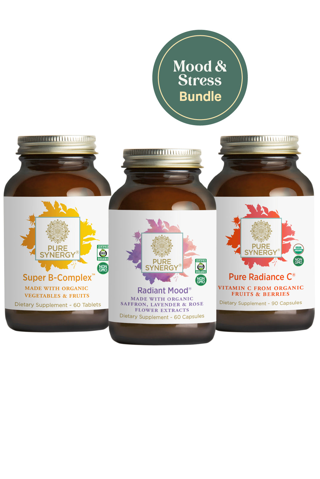 Three brown supplement bottles from The Synergy Company labeled “Super B-Complex,” “Radiant Mood,” and “Pure Radiance C” are shown with a green circle reading “Mood & Stress Balance Bundle”—for mood and stress support.