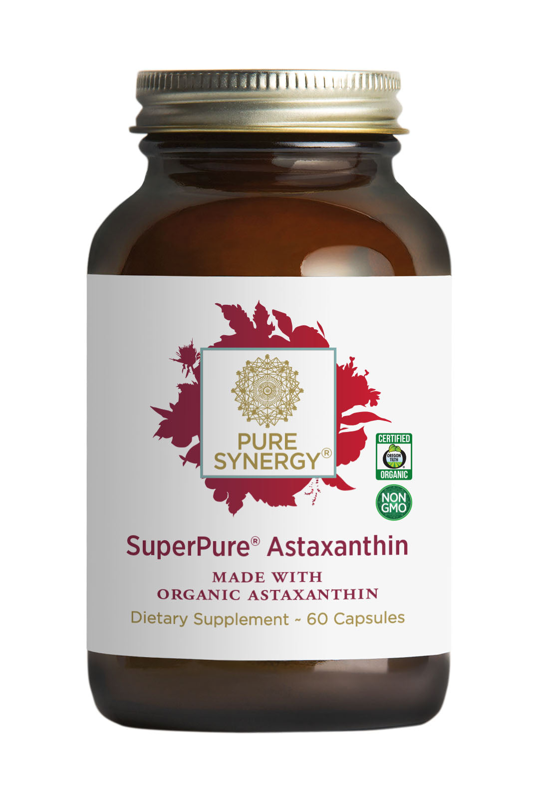 A brown glass bottle labeled SuperPure® Astaxanthin Extract, sourced from Haematococcus pluvialis, containing 60 antioxidant-rich dietary supplement capsules.