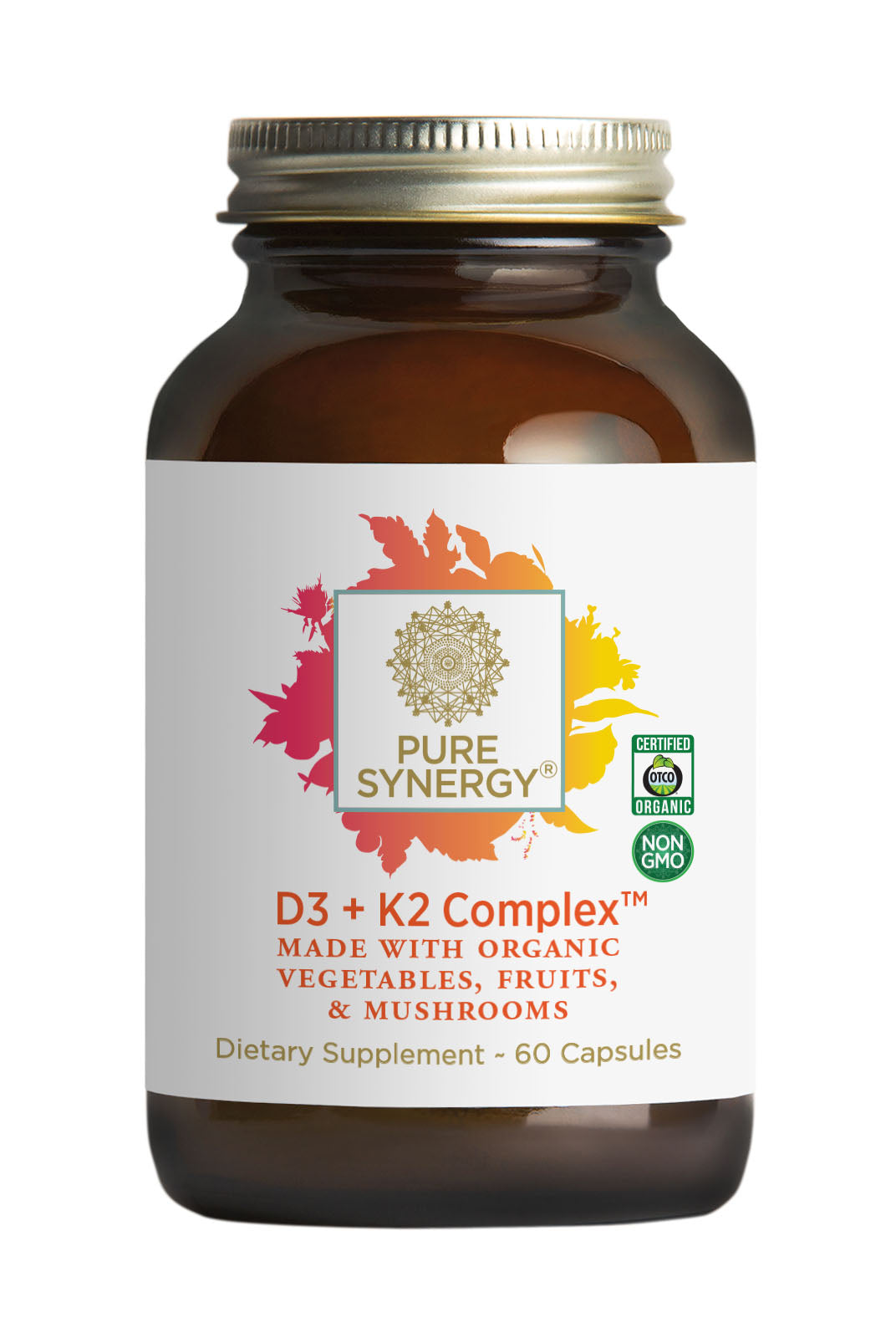 A brown glass bottle labeled D3 + K2 Complex™ by The Synergy Company, a vegan vitamin D3 supplement featuring colorful leaf graphics, made with organic vegetables, fruits, mushrooms, and containing 60 capsules.
