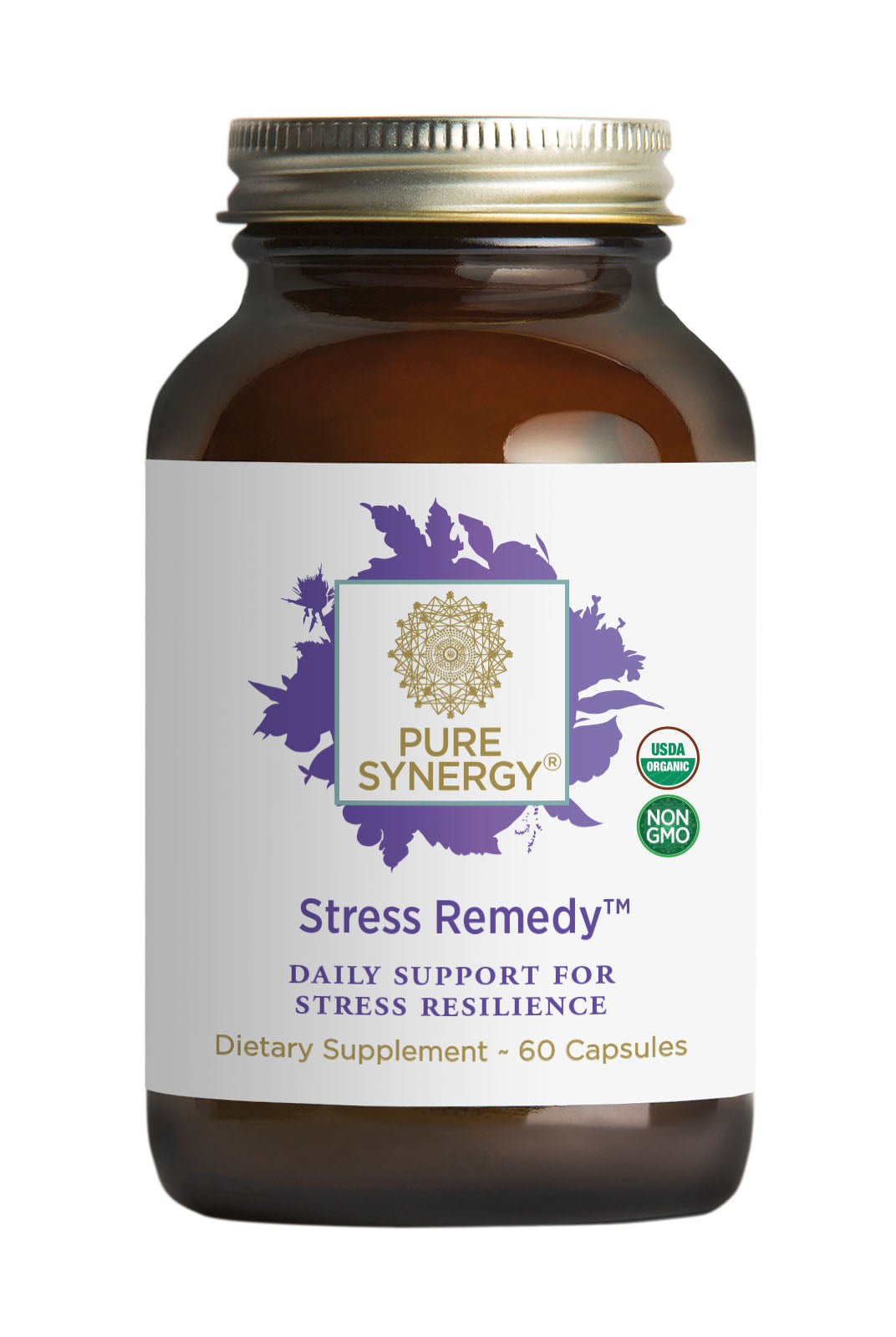 Stress Remedy® comes in a brown glass bottle with 60 capsules featuring adaptogens for daily stress resilience and focus. The label highlights its organic and non-GMO certifications.