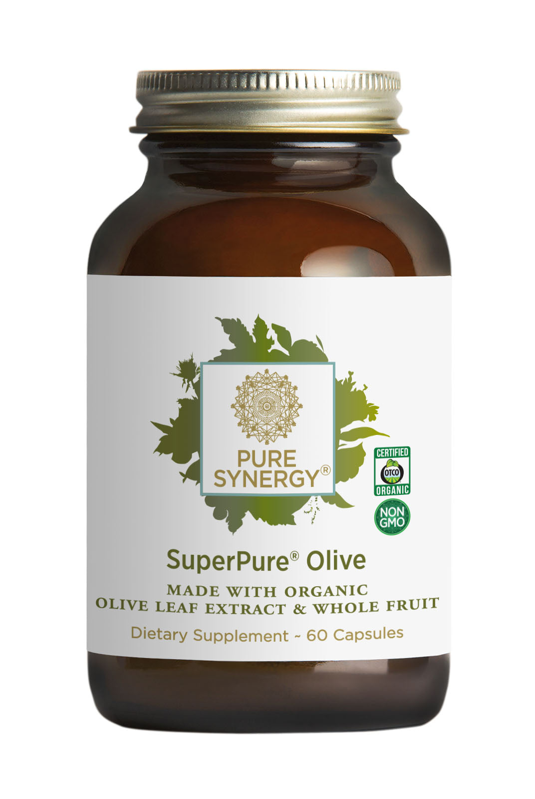 A brown bottle labeled SuperPure® Olive Extract, made with organic olive leaf extract and whole fruit, is rich in polyphenols and antioxidants and contains 60 capsules as a dietary supplement.