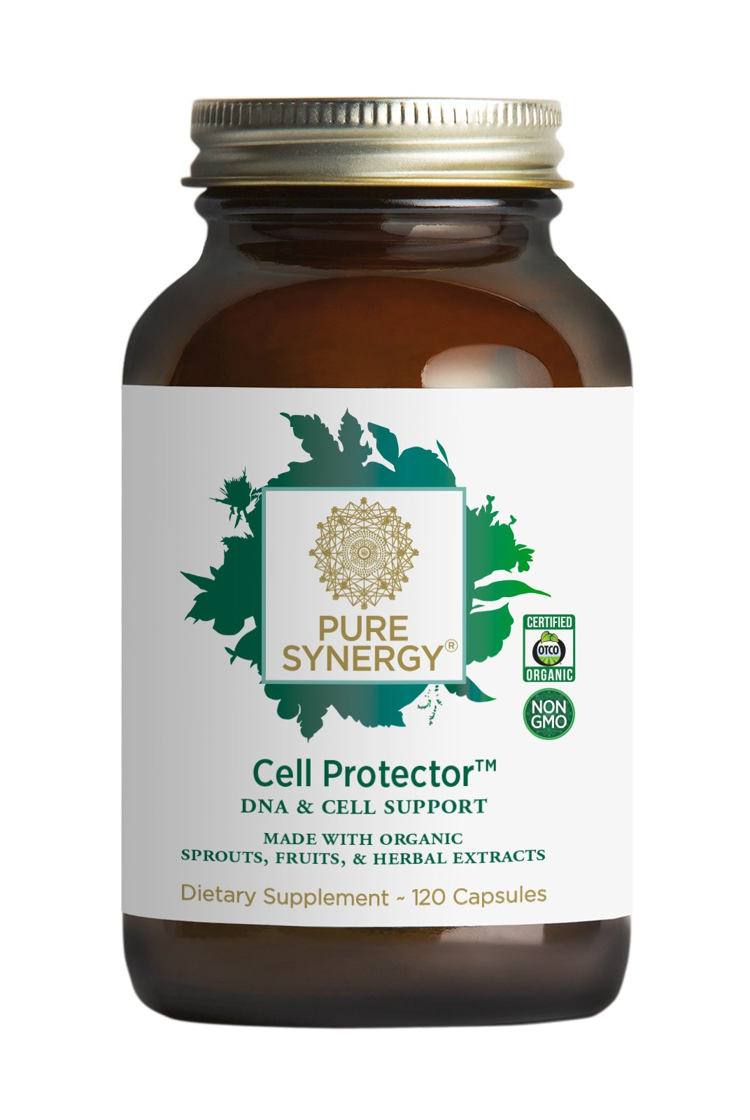 A brown bottle labeled Cell Protector™ by The Synergy Company contains 120 capsules. The label features healthy aging, DNA & cell support, organic and non-GMO claims, plus green leaf graphics in the background.