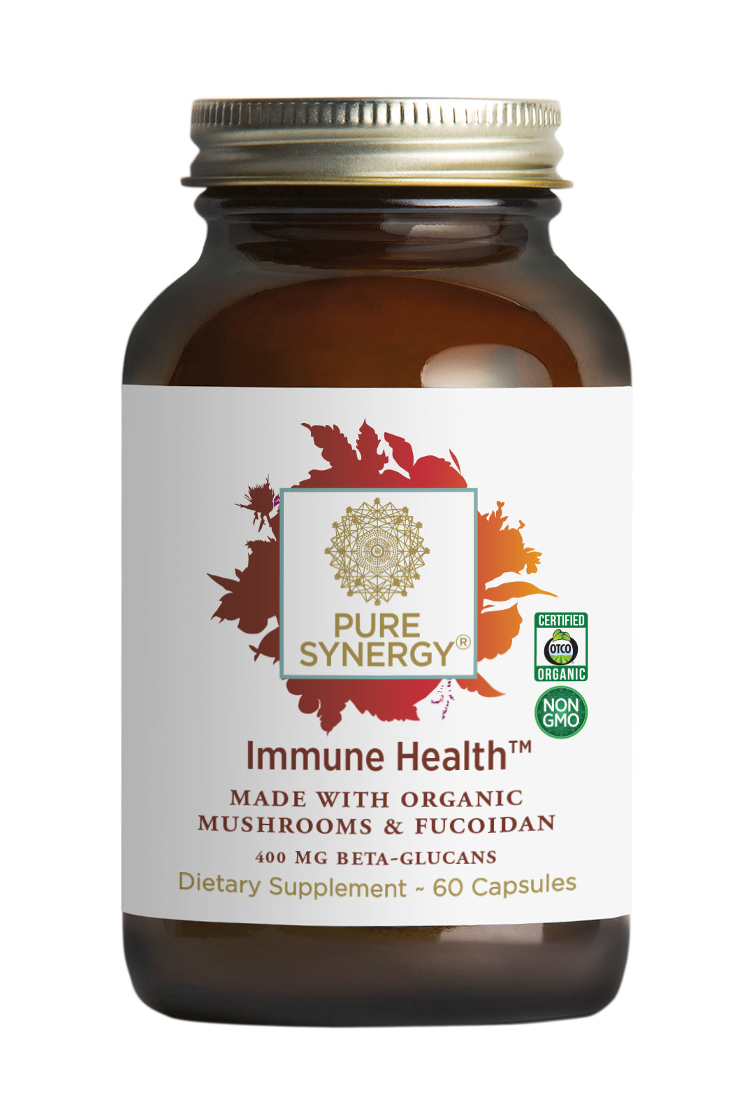 A brown glass bottle from The Synergy Company, labeled Immune Health™, contains 60 capsules. The label highlights organic mushroom extracts and fucoidan and is certified for organic and non-GMO ingredients. It also includes powerful algae extracts to naturally enhance your immune health.