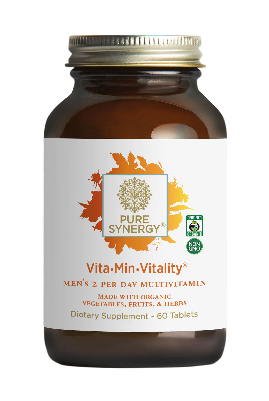 A brown bottle labeled Vita•Min•Vitality® For Men by The Synergy Company is a mens multivitamin with adaptogen extracts for hormone health, featuring 60 tablets from organic fruits, vegetables, and herbs. It has a leaf design and logos for organic and non-GMO certification.