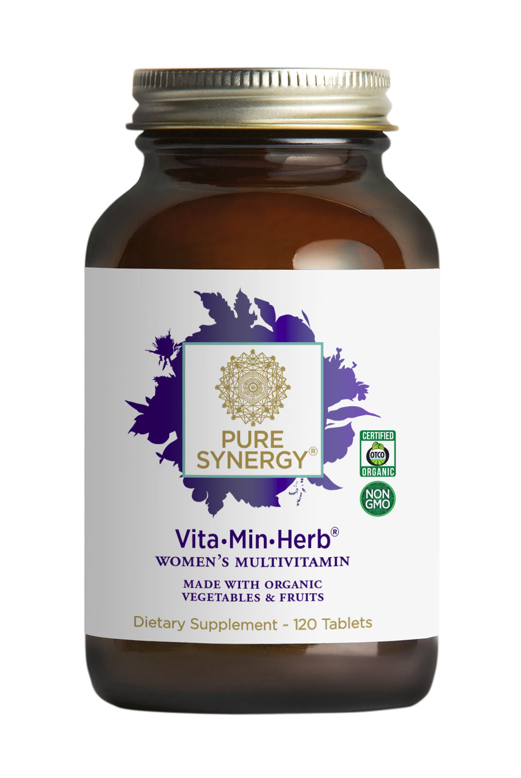 A brown bottle of The Synergy Company Vita•Min•Herb® For Women, an herbal multivitamin with organic vegetables and fruits. White label with purple graphics and gold text; formulated for womens health. Contains 120 tablets.