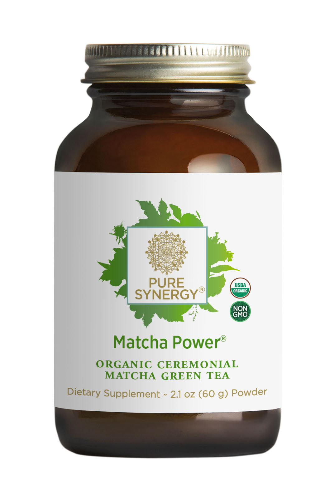 A brown glass jar labeled The Synergy Company Organic Matcha Power® Powder features Japanese organic ceremonial-grade matcha, green leaves, certification logos, product details, and a gold metal lid.