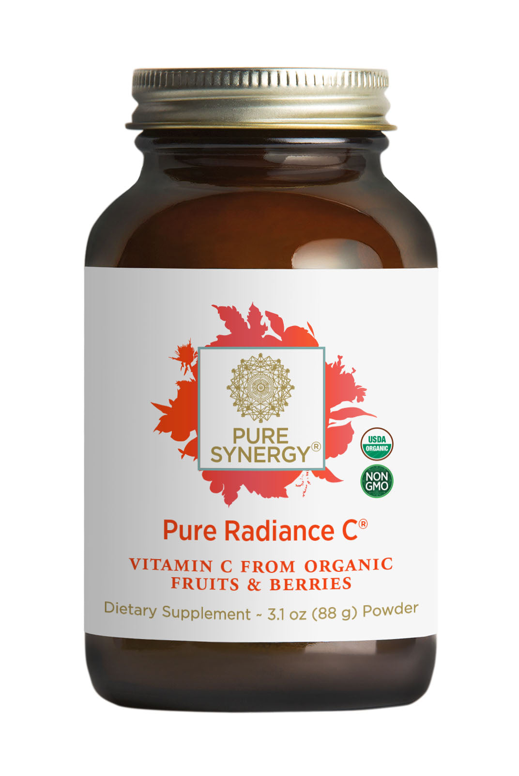 A 3.1 oz brown glass jar labeled Pure Radiance C® Powder, USDA Organic and Non-GMO, contains natural vitamin C powder from organic fruits like acerola cherry and camu camu.