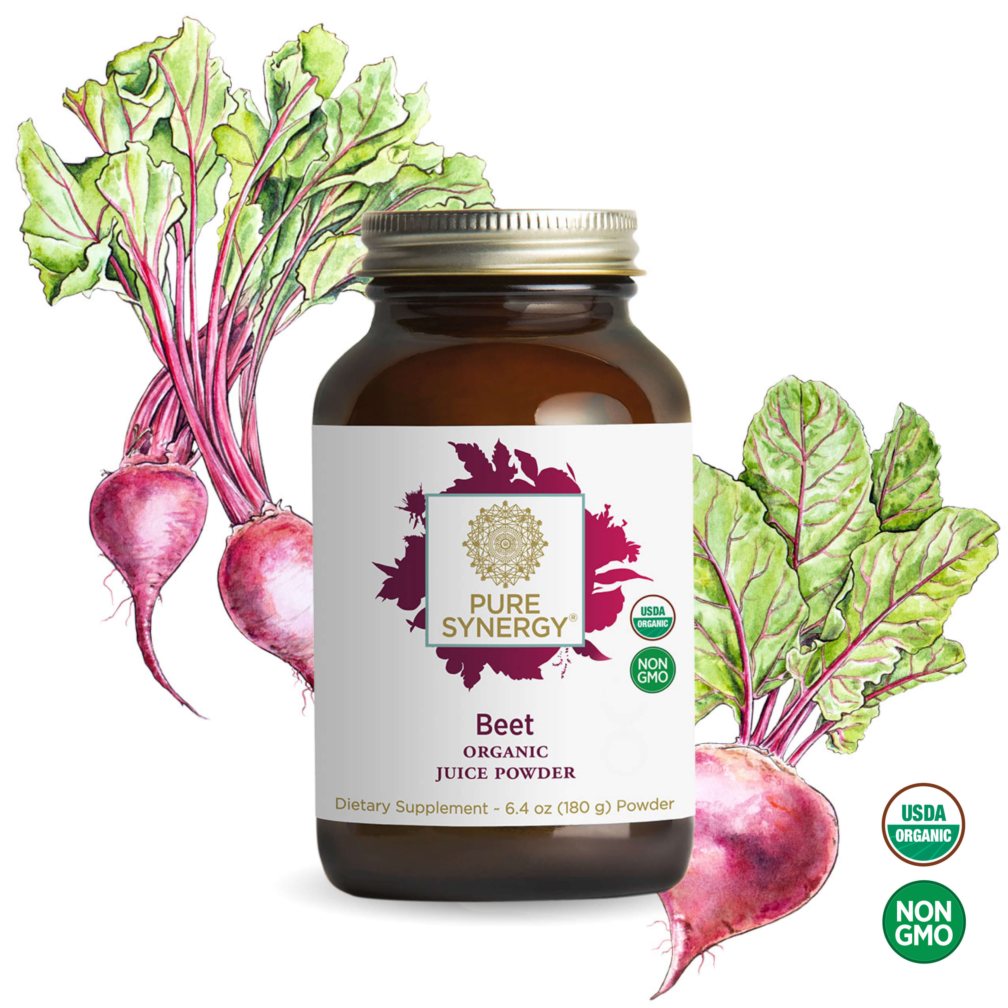 A jar of The Synergy Company Organic Beet Juice Powder features illustrated beets and green leaves, with USDA Organic and Non-GMO certifications on the label that highlight its natural nitrates and antioxidants.