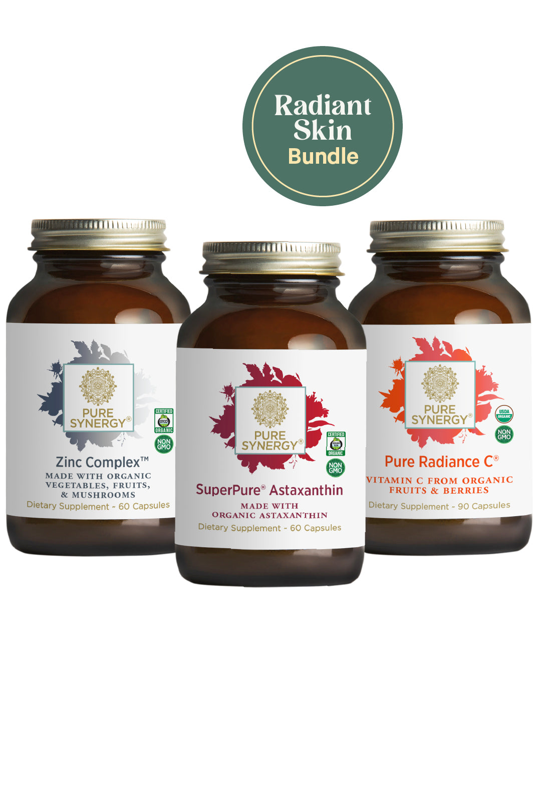 Three brown supplement bottles labeled Zinc Complex, SuperPure Astaxanthin, and Pure Radiance C from The Synergy Company are shown beneath a green circle reading Radiant Skin Bundle.
