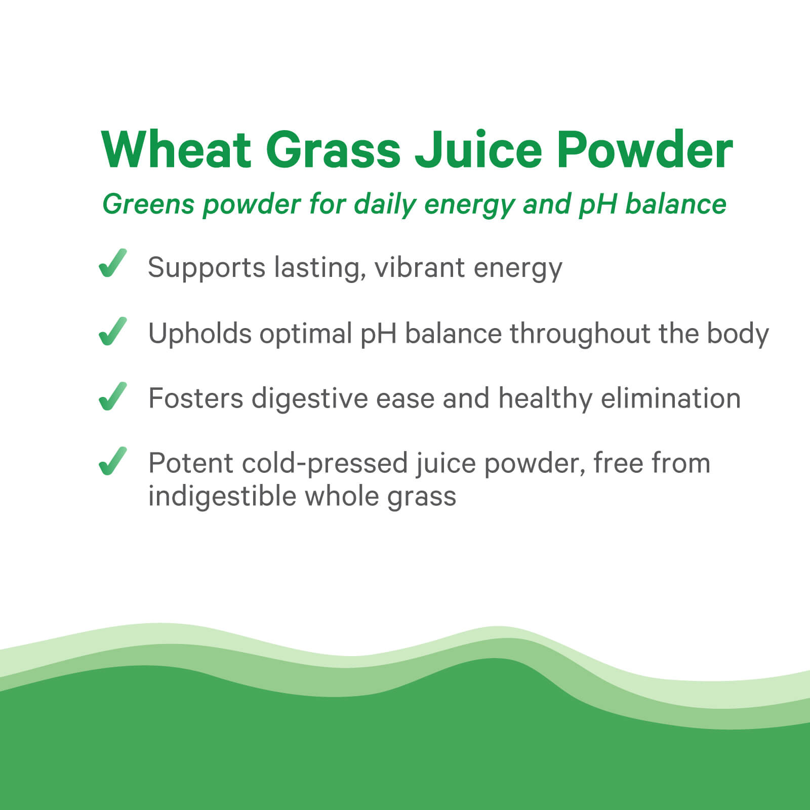 A graphic for The Synergy Company's Organic Wheat Grass Juice Powder features green checkmarks and a wave design, highlighting benefits like lasting energy, optimal pH balance, digestive support, and potent chlorophyll-rich cold-pressed juice powder.