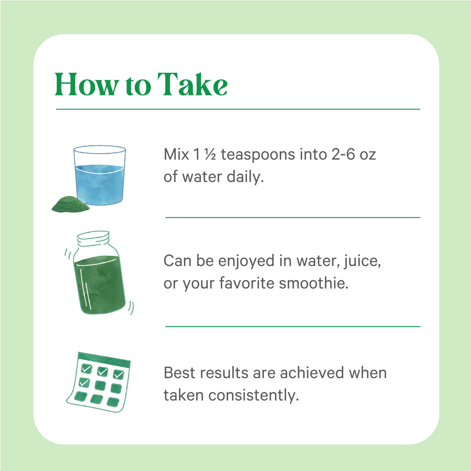 Instruction card shows a glass, bottle, and calendar. Mix 1.5 tsp of The Synergy Company Organic Wheat Grass Juice Powder into 2–6 oz water daily; for best results, use consistently. Can also be mixed with juice or smoothies.