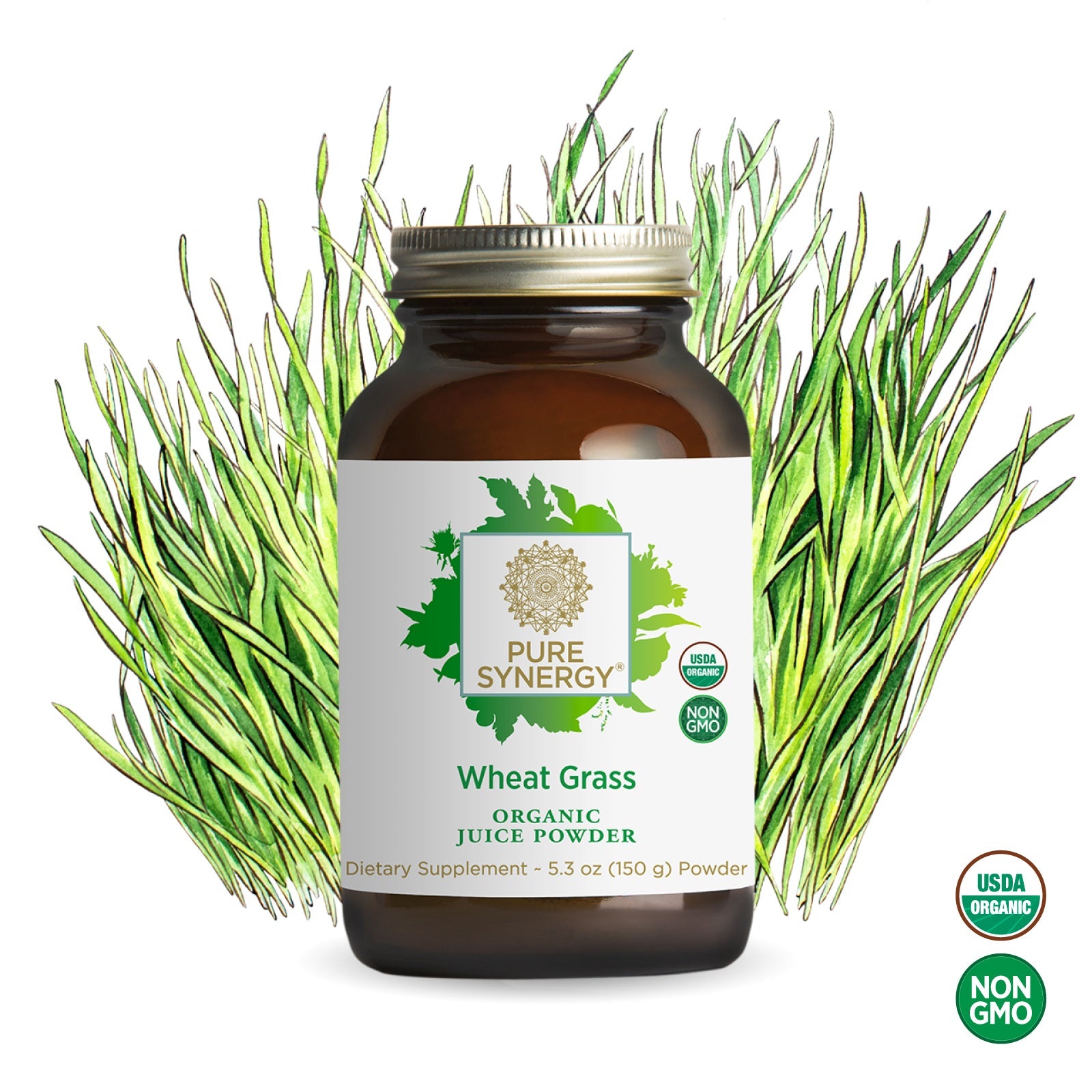 A brown bottle labeled The Synergy Company Organic Wheat Grass Juice Powder is shown before green wheatgrass illustrations, highlighting organic, chlorophyll-rich wheat grass. USDA Organic and Non-GMO seals appear beside the bottle.