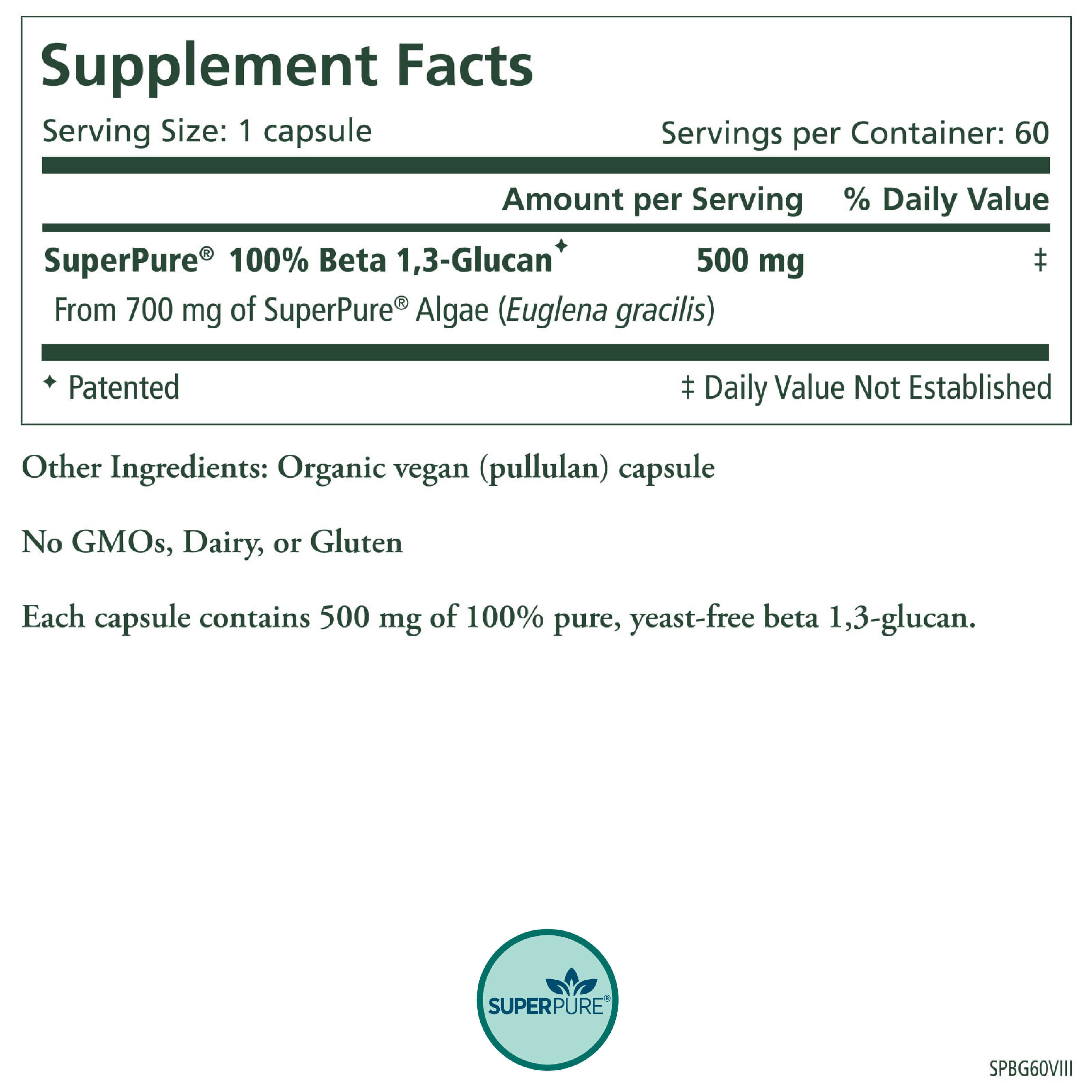 Supplement Facts label for The Synergy Company’s SuperPure® Beta 1,3-Glucan Extract: a vegan capsule with 500 mg of 100% pure, yeast-free Beta 1,3-Glucan from Euglena gracilis algae. Non-GMO, dairy-free, gluten-free. SuperPure logo at bottom.