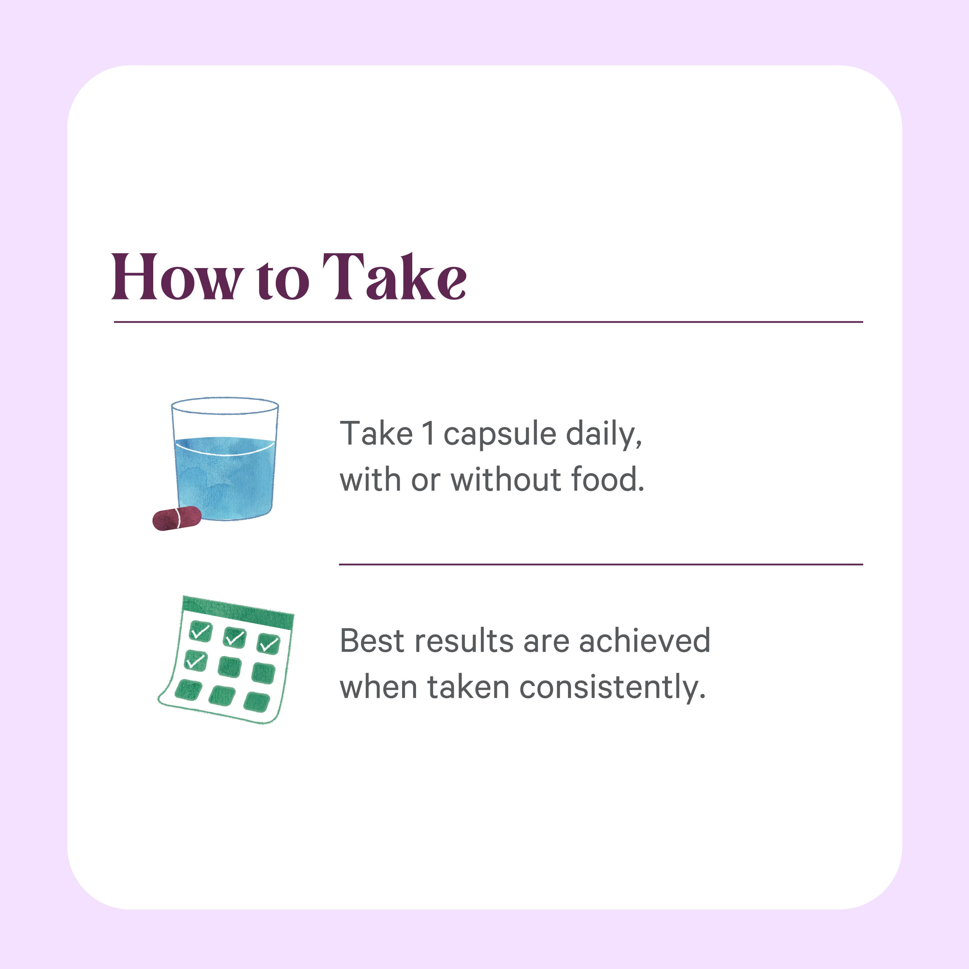 Instructional graphic features: 1) SuperPure® Grape Seed Extract capsule and water with “Take 1 daily, with or without food” to highlight antioxidant benefits, and 2) a calendar with check marks for consistent results from The Synergy Company.