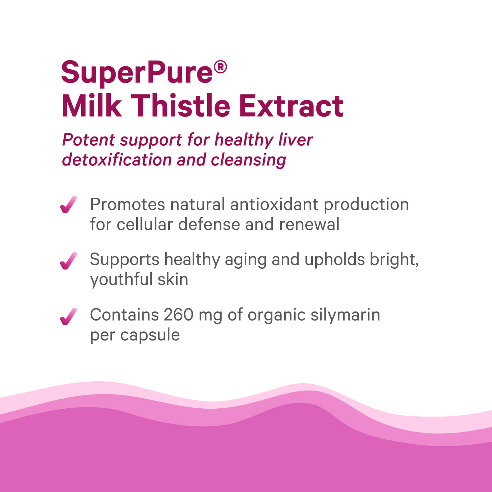 A graphic with the heading SuperPure® Milk Thistle Extract by The Synergy Company and subheading Potent support for liver detoxification, highlighting: antioxidant production, healthy cell renewal & skin, and 260 mg silymarin per capsule.
