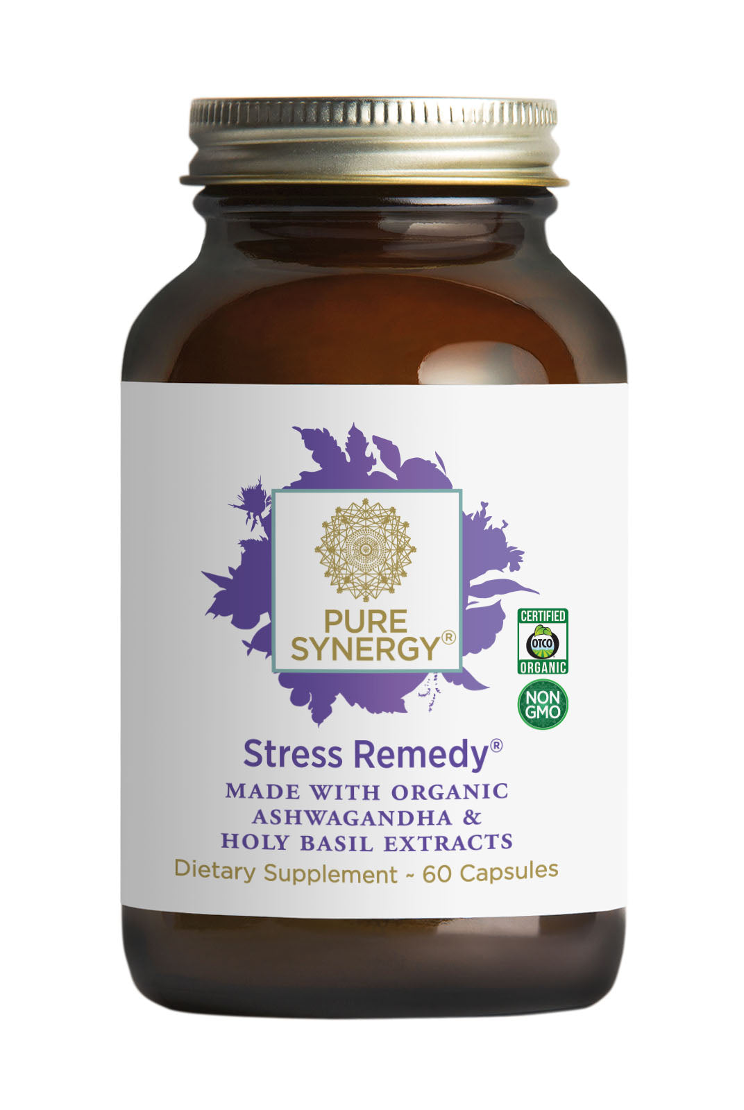 Stress Remedy® comes in a brown glass bottle with 60 capsules featuring adaptogens for daily stress resilience and focus. The label highlights its organic and non-GMO certifications.