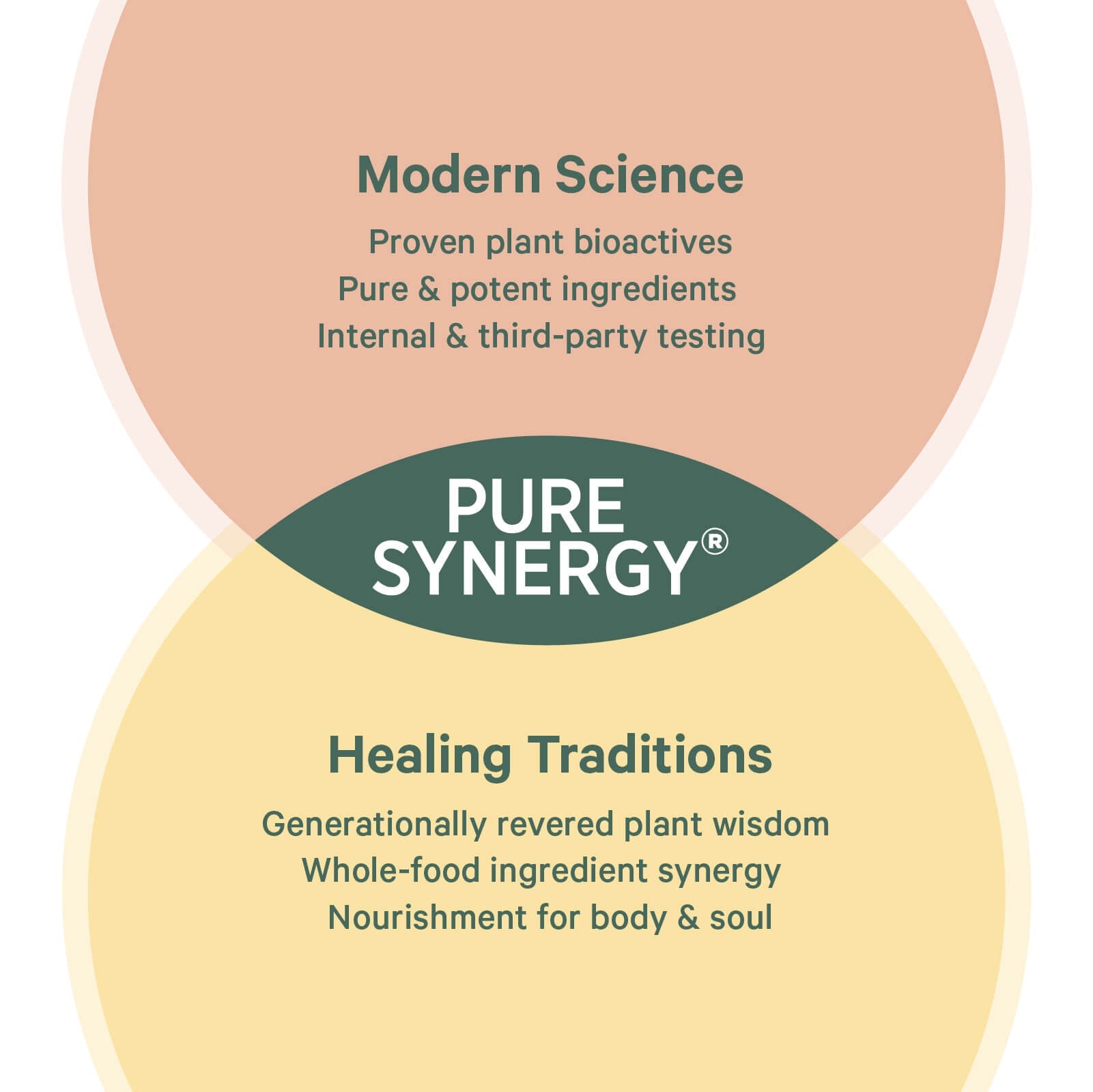 Venn diagram showing Modern Science and Healing Traditions overlapping at Organic Pure Radiance C® Powder, highlighting the blend of scientific and traditional approaches to wellness—featuring natural vitamin C from organic camu camu and acerola cherry.