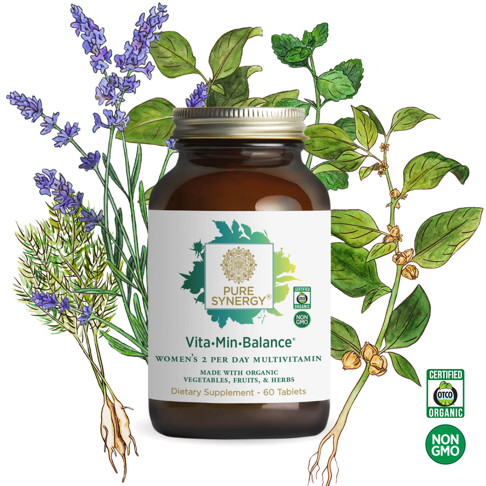 A brown bottle of The Synergy Company Vita•Min•Balance® For Women multivitamin sits over illustrated herbs, featuring organic and non-GMO labels, plus certification icons—supports daily stress balance with adaptogen extracts.