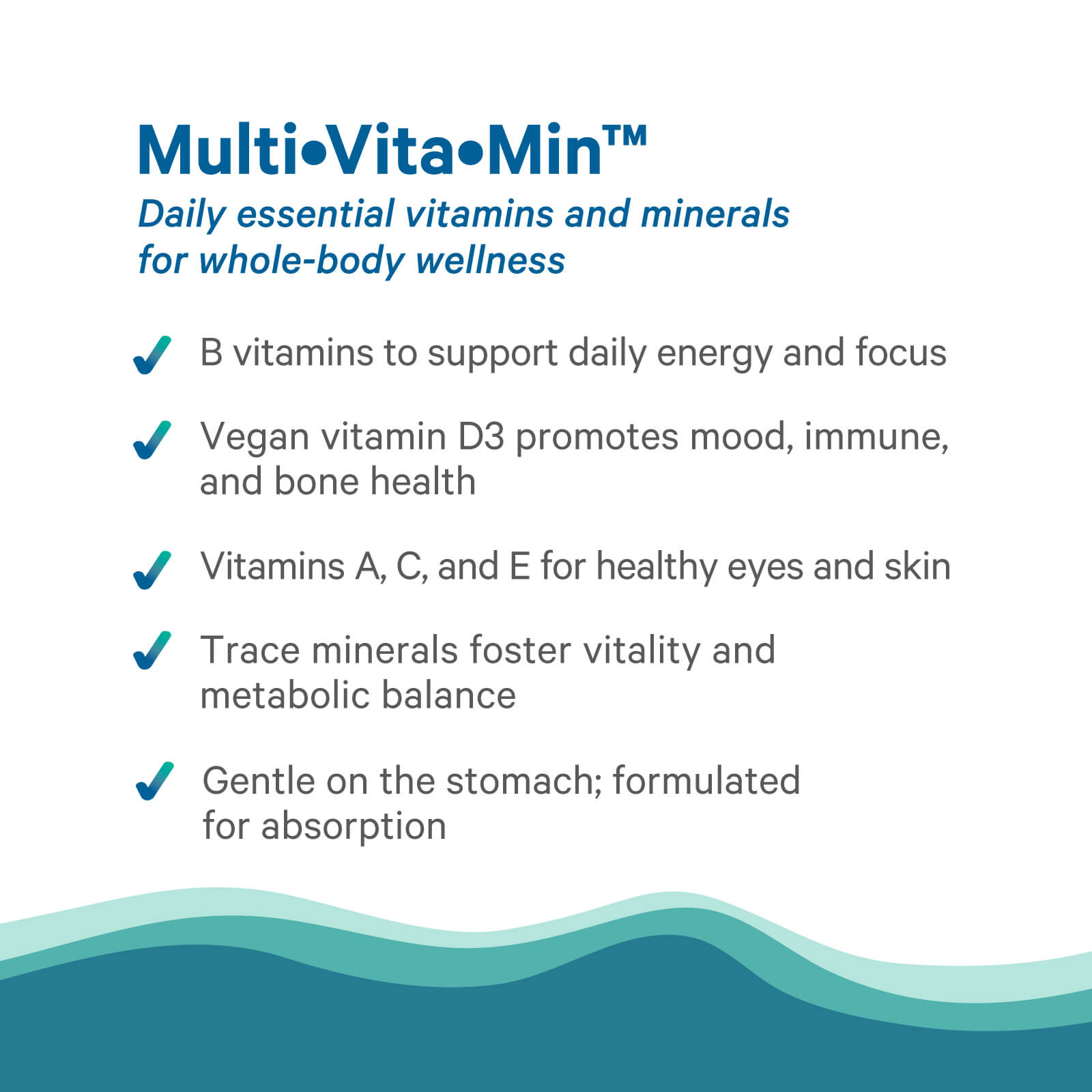Text graphic lists Multi•Vita•Min™ benefits—daily nutrition, energy, mood, immune health, bones, eyes & skin, metabolic balance, and a gentle, absorbable formula with essential vitamins. Each benefit has teal check marks; wavy teal lines at bottom. The Synergy Company.