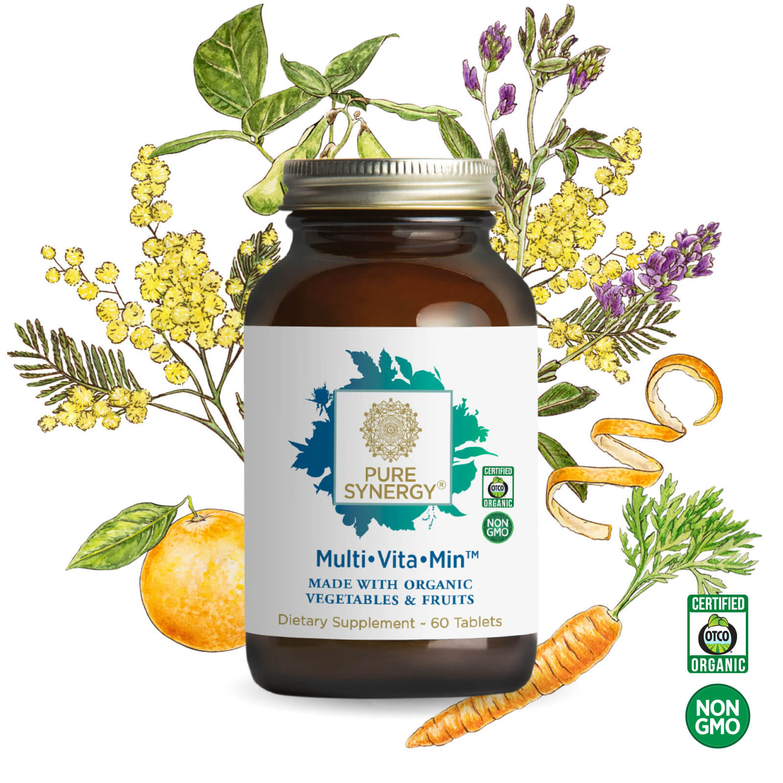 A brown bottle of The Synergy Company Multi•Vita•Min™ sits before illustrations of vegetables, fruits, and flowers. The label highlights organic whole foods, essential vitamins, Non-GMO, and USDA Organic certifications.