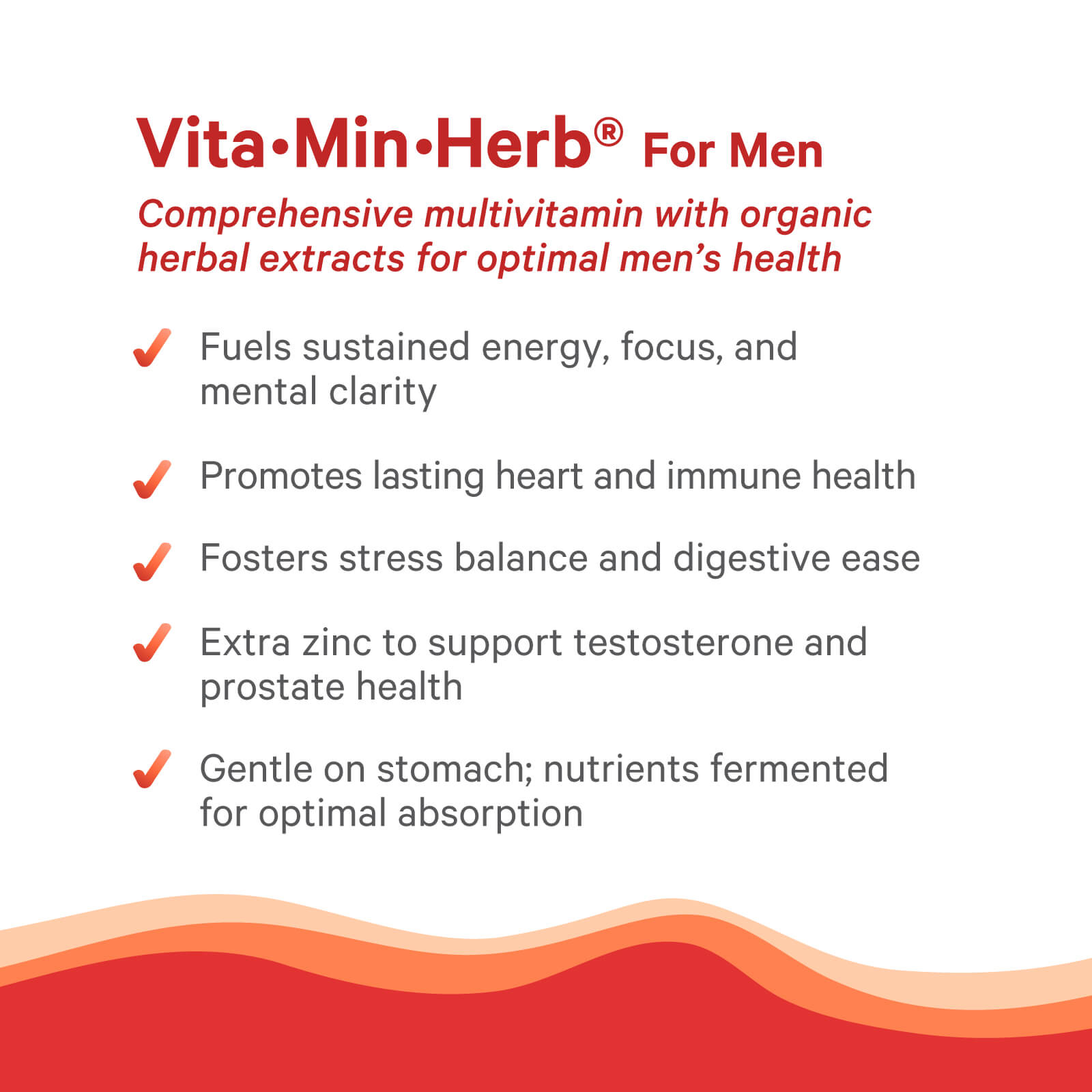 Vita•Min•Herb® For Men by The Synergy Company supports men’s energy, heart, immune & digestive health, and testosterone with gentle, easily absorbed herbs; white background with orange waves—ideal for men’s wellness.