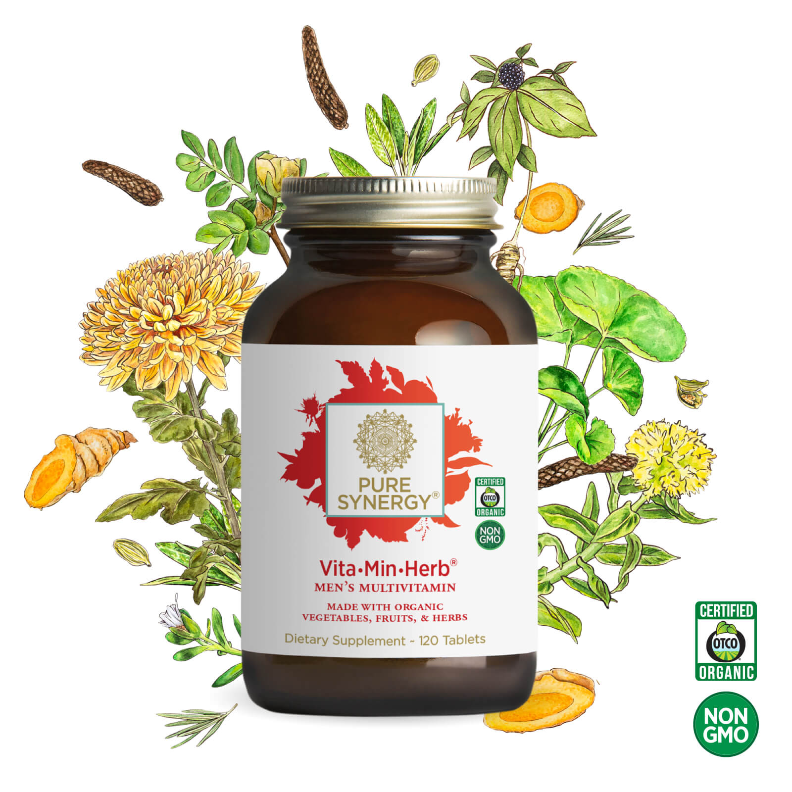 A bottle of The Synergy Company Vita•Min•Herb® For Men multivitamin with a white label, surrounded by illustrated organic herbs, fruits, and vegetables, featuring Organic and NON GMO certification logos for men’s wellness.