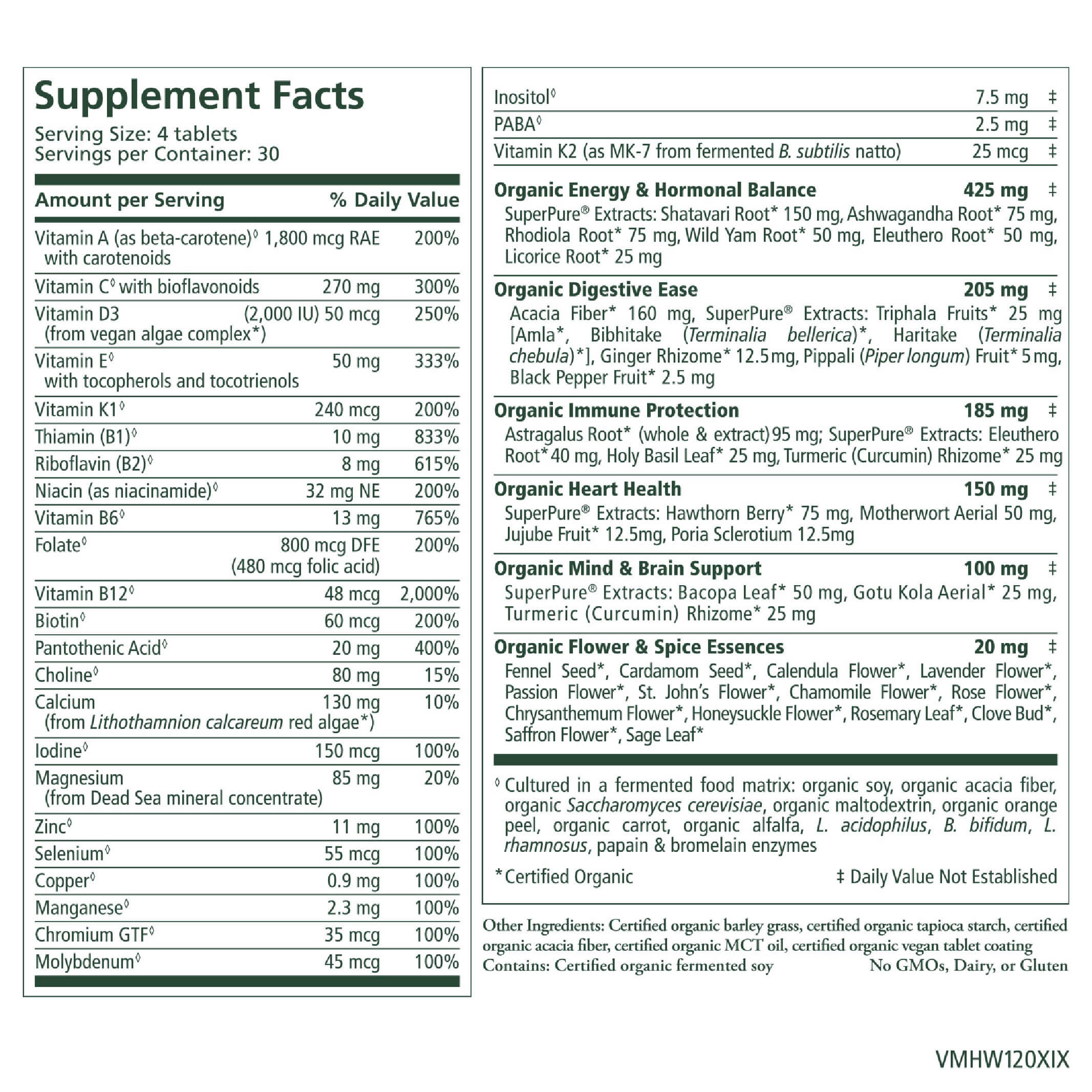 Vita•Min•Herb® For Women supplement facts label displays nutritional info, ingredient list, and daily values per 4-tablet serving (30 servings per container), formulated as a leading women's herbal multivitamin.