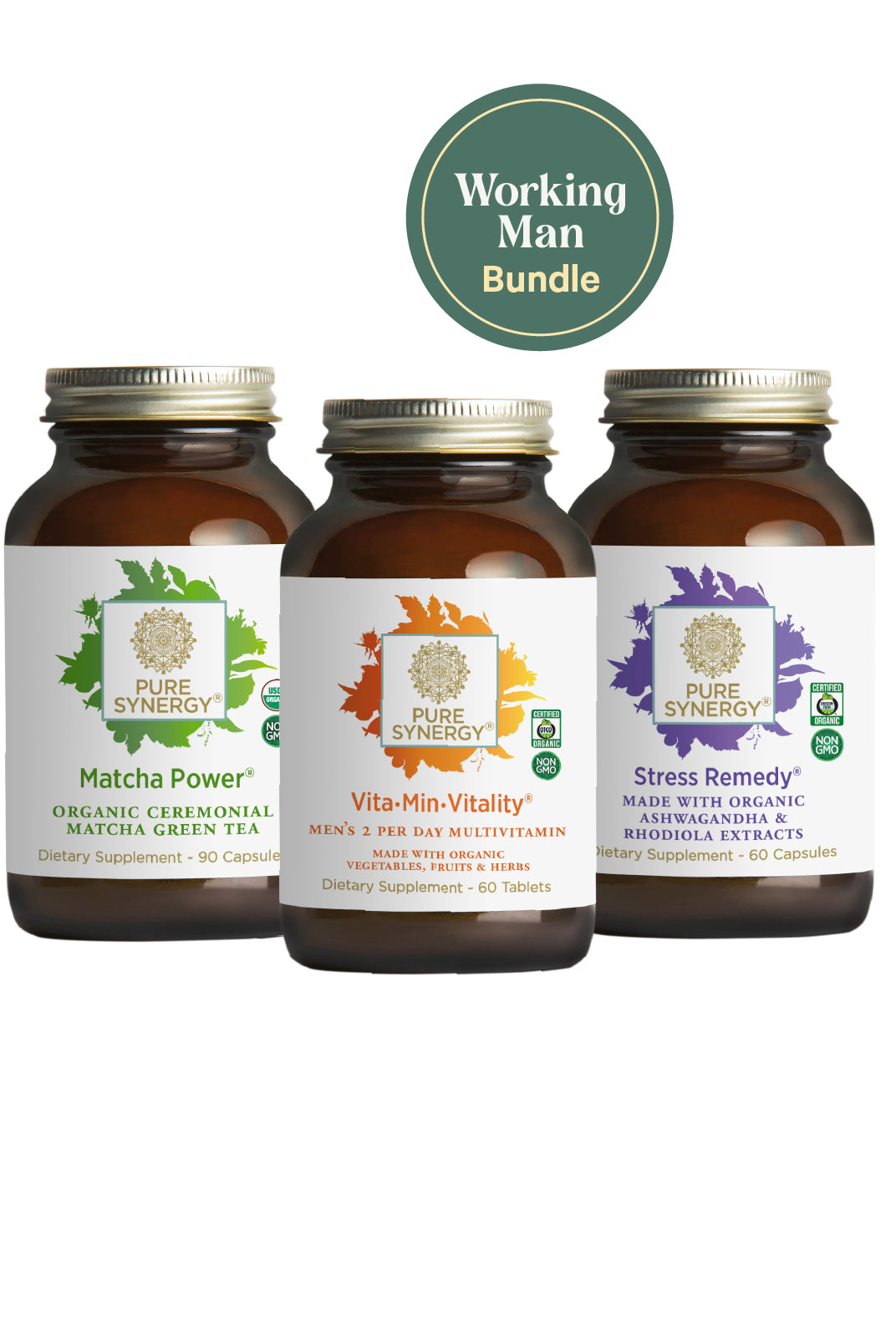 Three amber supplement bottles labeled Matcha Power, Vita•Min•Vitality Men’s, and Stress Remedy by The Synergy Company are shown on a white background with a green circle above reading Working Man Bundle.