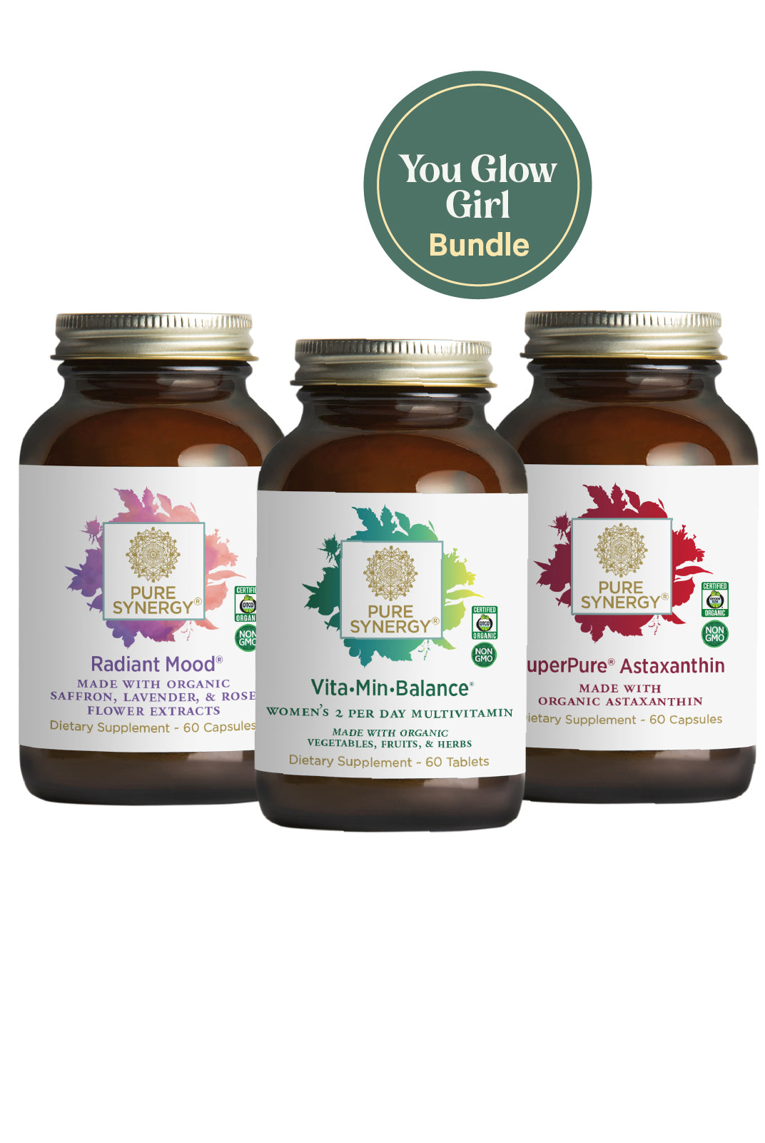 Three brown supplement bottles from The Synergy Company labeled Radiant Mood, Vita•Min•Balance, and SuperPure Astaxanthin are shown with a green circle above them reading You Glow Girl Bundle for stress balance.