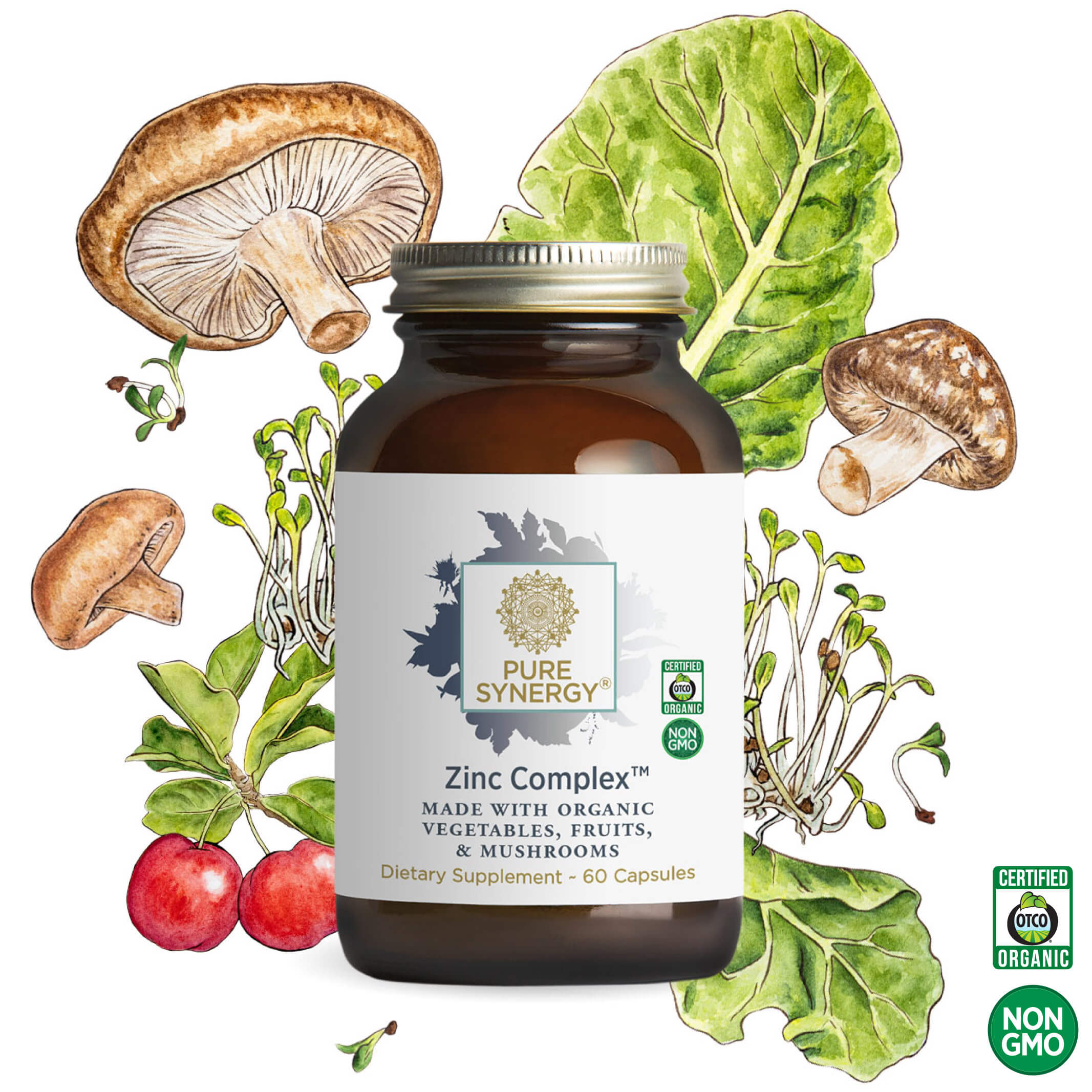 A bottle of The Synergy Company Zinc Complex™ capsules is surrounded by illustrated mushrooms, leafy greens, and radishes. It features fermented zinc and organic mushroom mycelia for immune support, with Organic and Non-GMO certification logos on the right.