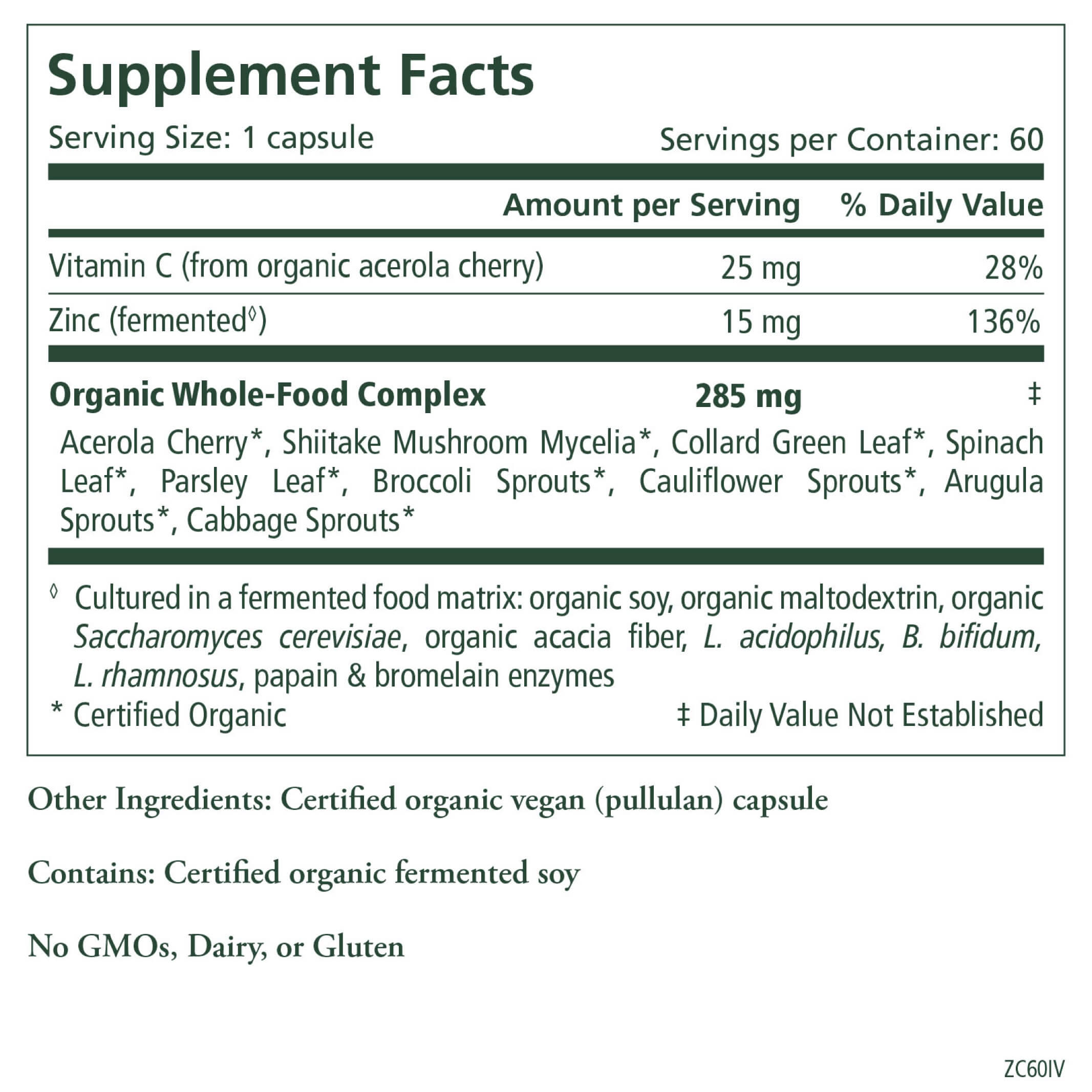 The Synergy Company Zinc Complex™ Supplement Facts label highlights fermented zinc, vitamins, minerals, and an organic whole-food blend with fruits, veggies, and mushroom mycelia for immune support. Serving size, daily values; non-GMO, dairy-free, gluten-free.