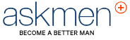 Askmen logo with the phrase BECOME A BETTER MAN written below in capital letters and a red circle with a plus sign above the n in askmen..