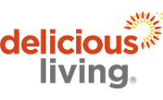 Logo with the words delicious living. Delicious is in bold orange letters, and living is in gray lowercase letters. A sunburst design forms the dot over the letter i in delicious.