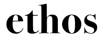 The word ethos is written in bold, black lowercase letters on a light gray background.