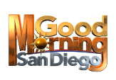 Logo for Good Morning San Diego with bold, metallic gold and silver letters. The o in Morning is stylized as a sun with rays. A red and blue swoosh underline San Diego.