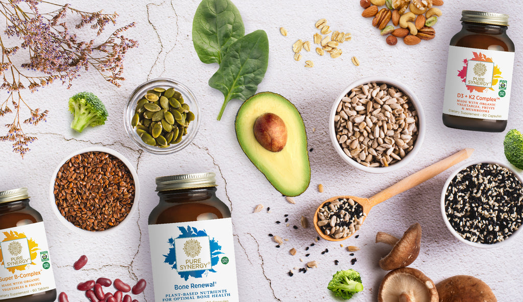 Blog Article Banner: Picture of vegetables, avocado, seeds, beans, and Pure Synergy products (Super B-Complex, Bone Renewal, D3+K2 Complex) 