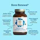 A jar of Longevity supplements by The Synergy Company, tailored for optimal bone health and absorption, comes in protective amber glass jars with aluminum lids. This plant-based product is non-GMO and sustainably crafted without synthetic mineral isolates, set against a blue background adorned with a leaf design.