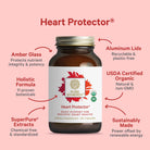 A brown glass bottle labeled Longevity Bundle by Pure Synergy is shown on a pink background. Arrows highlight features: amber glass, aluminum lids, USDA Organic, sustainably made, SuperPure extracts, and holistic formula.