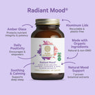 The You Glow Girl supplement from The Synergy Company is displayed against a purple background. Arrows emphasize its amber glass, aluminum lids, organic ingredients, and benefits for stress balance and mood support to promote daily positivity. Accompanying text and symbols showcase its antioxidant properties tailored for women's multivitamin needs.